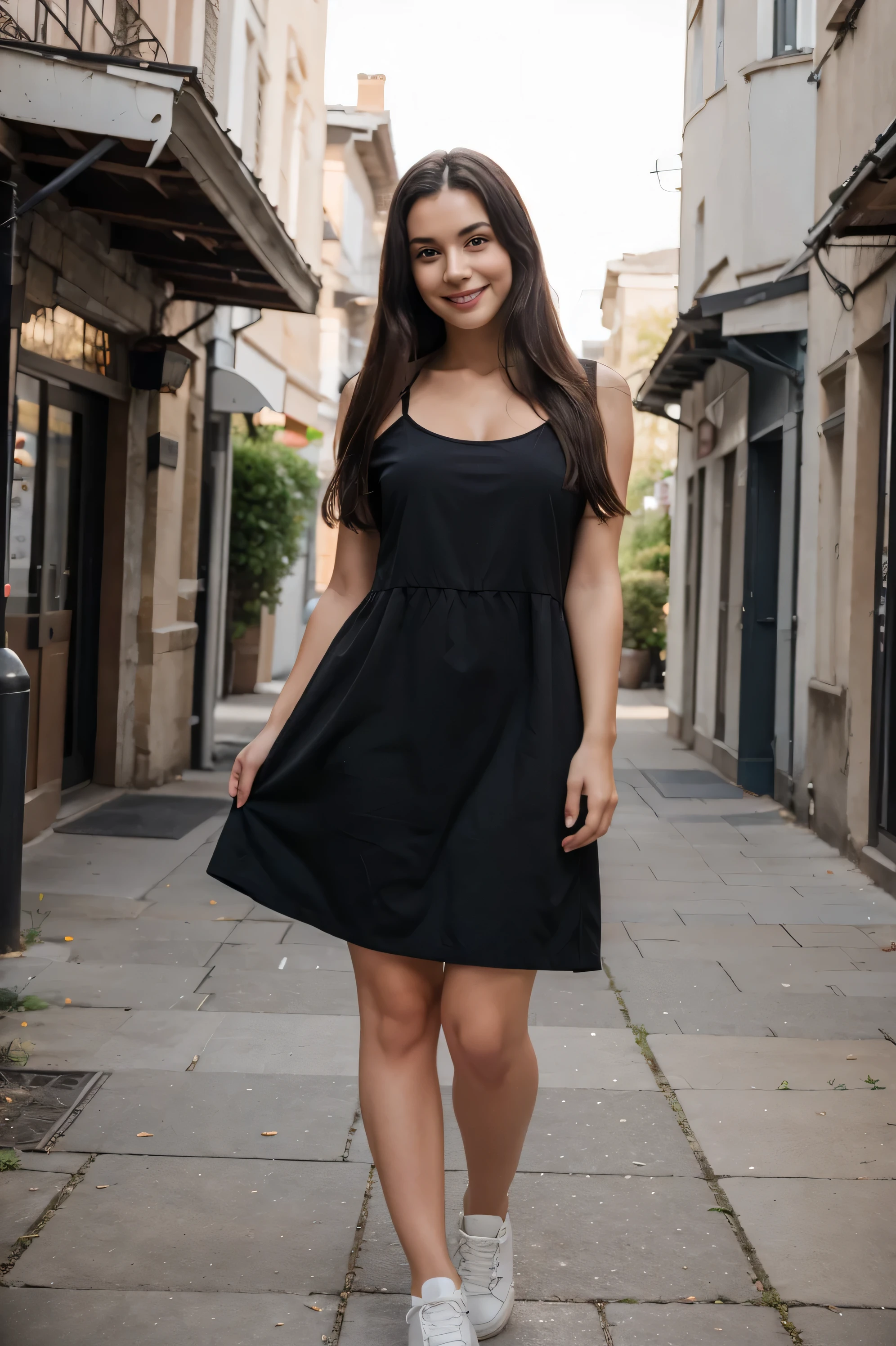 1girl, Solo, One woman of about 25 years old, black long hair, Hazel eyes, happy face, red and ash color dress without sleeves, white shoes, standing outside, mature woman, body measurement 36-25-35, RAW Photography, 8k, , Masterpiece, Full Body Shooting, Top Quality, Fine Pore, Realistic, Photorealistic, Ultra Detailed