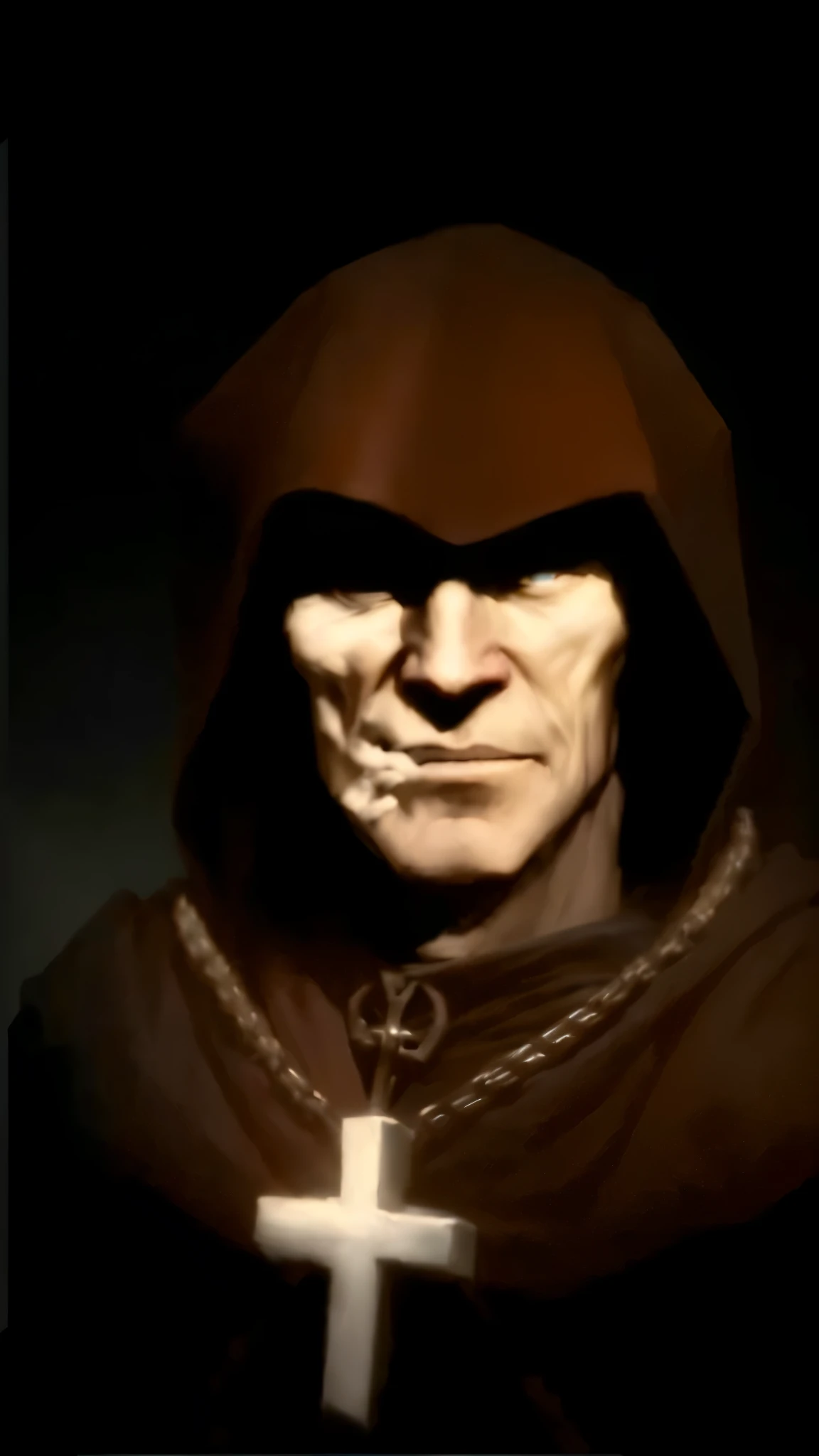 a close up of a statue of a man with a cross on his chest, joe biden as a hooded arch mage, in assassin's creed 3, the reaper as a scary, hooded cloaked sith lord, baldur's gate character portrait, video game cutscene, willem dafoe in plague knight, cursed image, red hooded mage, inspired by Lattanzio Gambara
