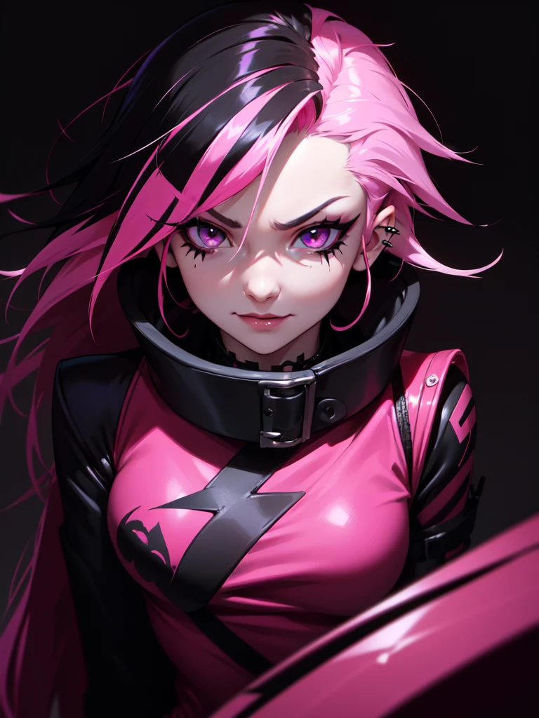 (((Portrait Photo))), She has the Appearance of Bold and Edgy Young Girl, with a Slim, Fashionable Build that Radiates Confidence. Her Long, Straight Black Hair is Accentuated by Vibrant Pink Streaks, Adding a Striking and Rebellious Flair to Her Look. Her Dark Eyes are Intense and Expressive, Filled with a Sense of Mischief and Determination, Giving Her a Fierce and Charismatic Aura. Her Expression is Playful and Defiant, with a Confident Smile that Conveys a Sense of Boldness and Independence. (((High Quality, Dark Background))), (((Portrait Photo))), (((Punk-Inspired Outfit))), (((Streaked Hair)))