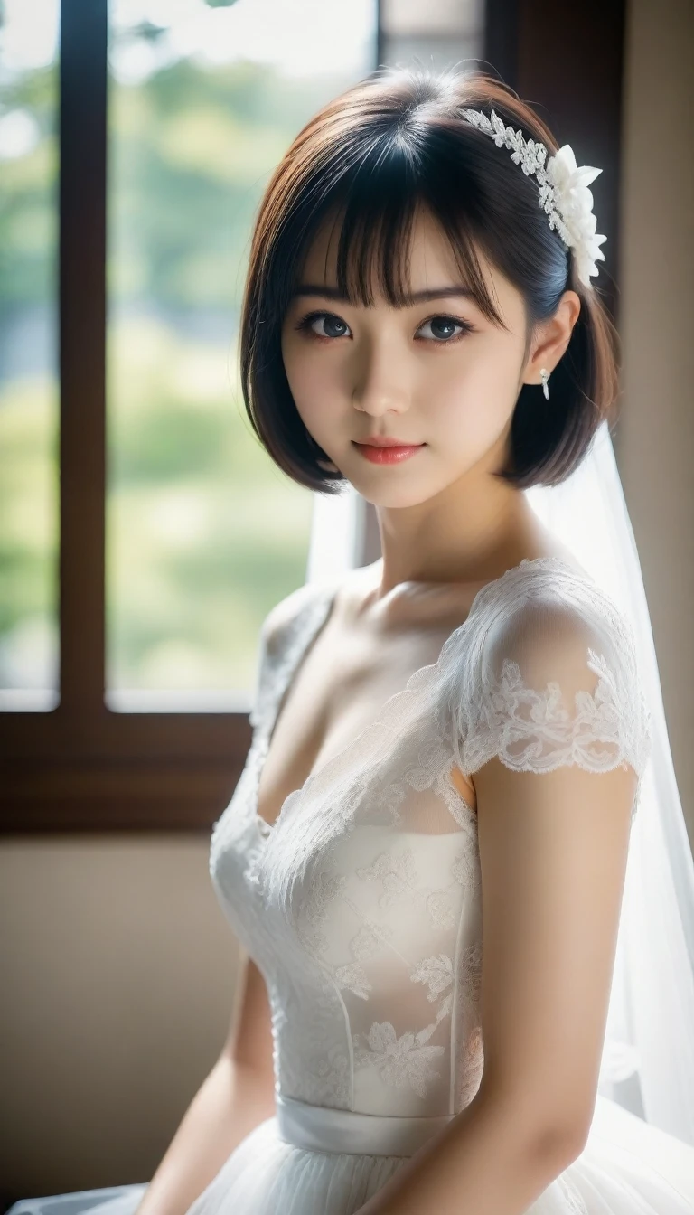 8k, Ultra-high resolution, Highest quality, masterpiece, 三分割法によるphotograph,Surreal, photograph, 1 Girl, (16 years old:1.3), pretty girl, Cute Face, Beautiful eyes in every detail, 細かくdetailedに,masterpiece,One Girl:1.2,Japan Female Teachers,full body,light smile,Black short hair,Bob with bangs,(印象派の美しい少女のPortraiture),(Impressionist light and colour), (White Wedding Dress:1.3),(Fairy, bride, Shiny Hair, Beautiful dark eyes, So cute and beautiful,16 years old, ), (smile:0.8),Sharp contours,Looking down, (Wedding Veil,White lace), ((Gothic cathedral)), (Stained Glass Windows:1), indoor, Light from above, Low contrast, (Side view),, Perfect and beautiful face ,完璧でCute Face, Skin with attention to detail, Perfect limbs、Narrow waist,Looking at the audience,(((Ideal body type))),A cup small breasts :2,Portraiture:2,Perfect Anatomy,鮮明なdetailed,detailed,Surreal,Light and shadow,glowing