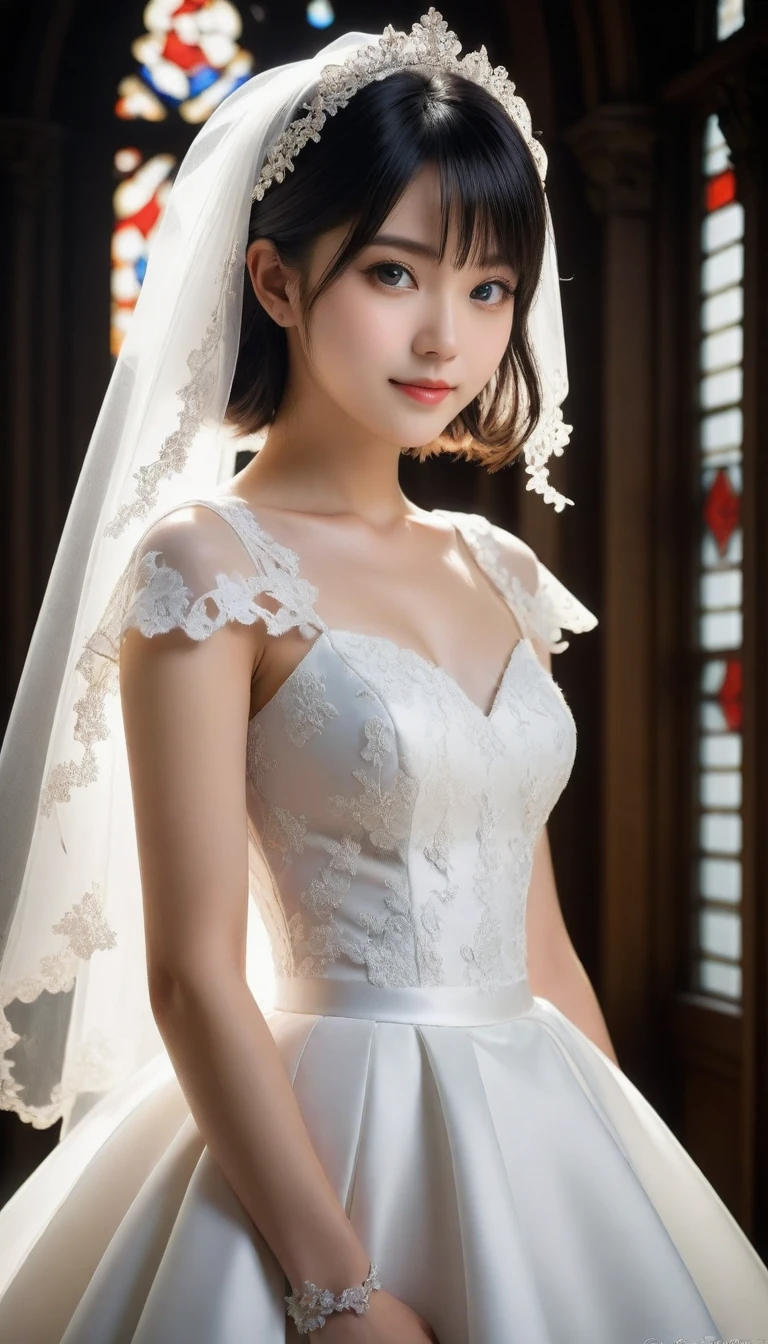 8k, Ultra-high resolution, Highest quality, masterpiece, 三分割法によるphotograph,Surreal, photograph, 1 Girl, (:1.3), pretty girl, Cute Face, Beautiful eyes in every detail, 細かくdetailedに,masterpiece,One Girl:1.2,Japan Female Teachers,full body,light smile,Black short hair,Bob with bangs,(印象派の美しい少女のPortraiture),(Impressionist light and colour), (White Wedding Dress:1.3),(Fairy, bride, Shiny Hair, Beautiful dark eyes, So cute and beautiful,16 years old0.8),Sharp contours,Looking down, (Wedding Veil,White lace), ((Gothic cathedral)), (Stained Glass Windows:1), indoor, Light from above, Low contrast, (Side view),, Perfect and beautiful face ,完璧でCute Face, Skin with attention to detail, Perfect limbs、Narrow waist,Looking at the audience,(((Ideal body type))),A cup small breasts :2,Portraiture:2,Perfect Anatomy,鮮明なdetailed,detailed,Surreal,Light and shadow,glowing