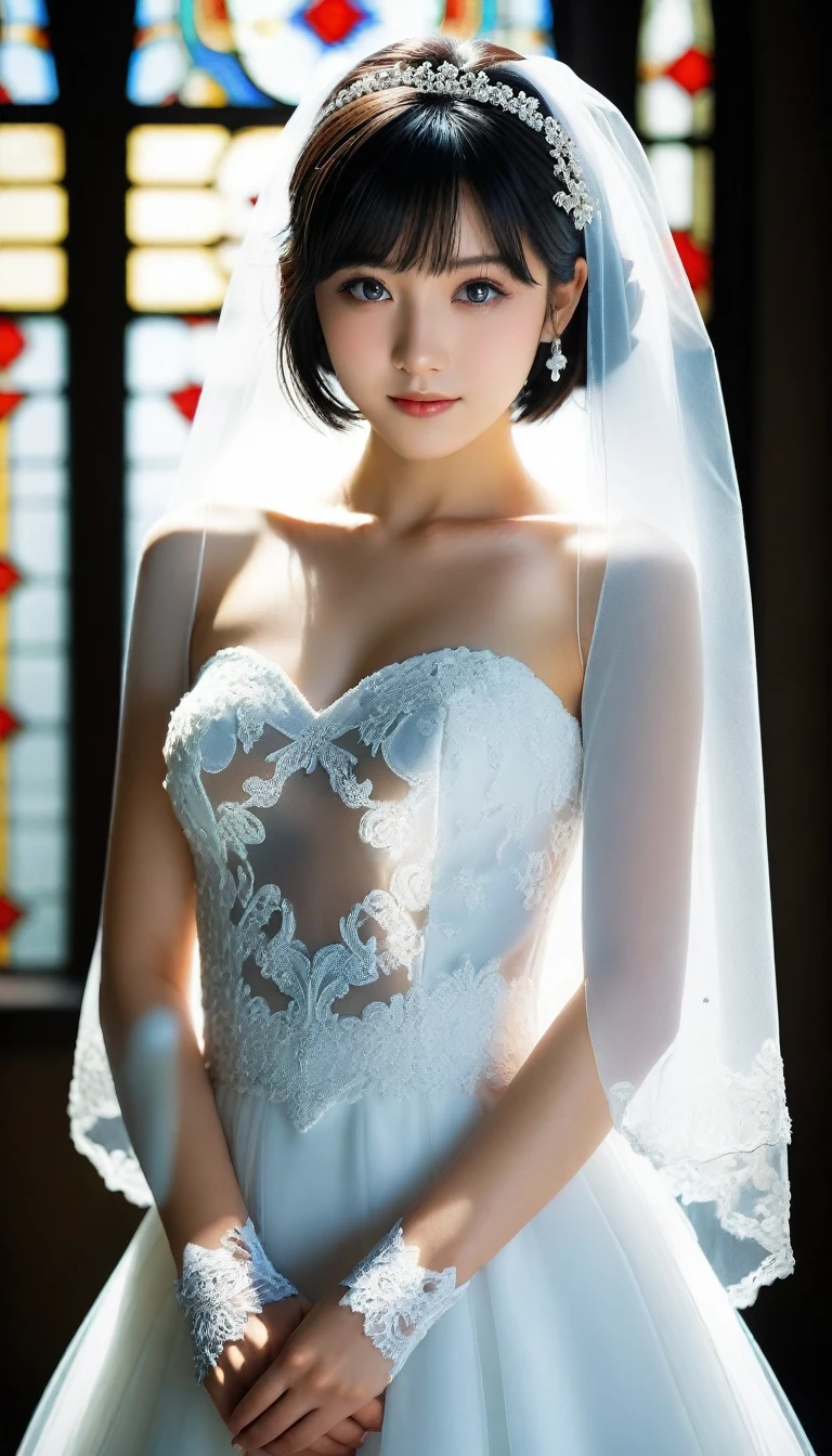 8k, Ultra-high resolution, Highest quality, masterpiece, 三分割法によるphotograph,Surreal, photograph, 1 Girl, (16 years old:1.3), pretty girl, Cute Face, Beautiful eyes in every detail, 細かくdetailedに,masterpiece,One Girl:1.2,Japan Female Teachers,full body,light smile,Black short hair,Bob with bangs,(印象派の美しい少女のPortraiture),(Impressionist light and colour), (White Wedding Dress:1.3),(Fairy, bride, Shiny Hair, Beautiful dark eyes, So cute and beautiful,16 years old, ), (smile:0.8),Sharp contours,Looking down, (Wedding Veil,White lace), ((Gothic cathedral)), (Stained Glass Windows:1), indoor, Light from above, Low contrast, (Side view),, Perfect and beautiful face ,完璧でCute Face, Skin with attention to detail, Perfect limbs、Narrow waist,Looking at the audience,(((Ideal body type))),A cup small breasts :2,Portraiture:2,Perfect Anatomy,鮮明なdetailed,detailed,Surreal,Light and shadow,glowing