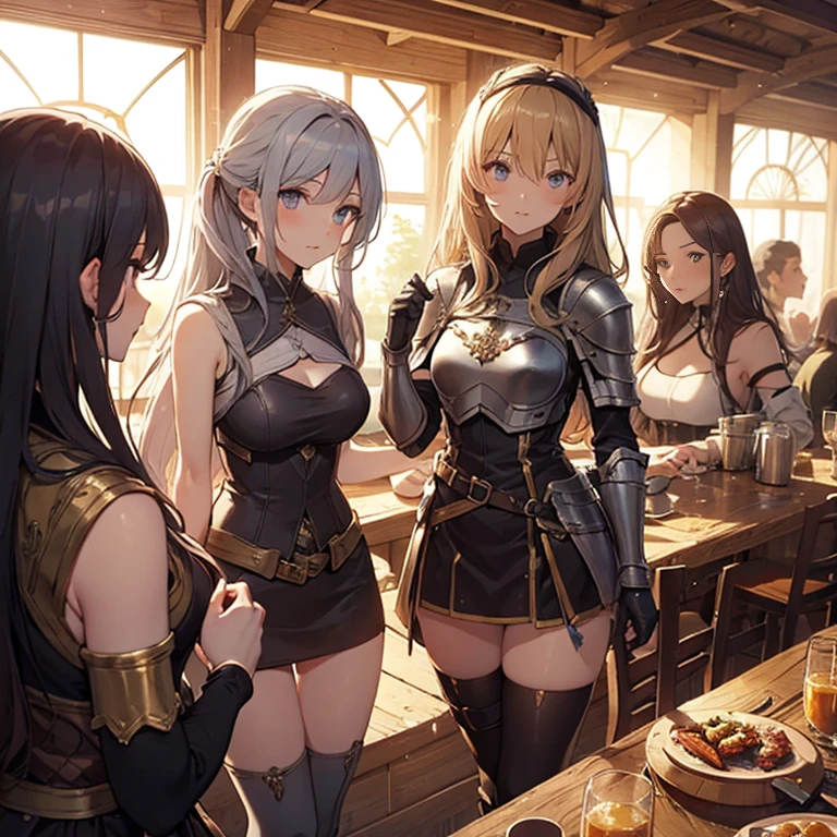 A group of female medieval fantasy adventurers, (in tavern), various hair styles, harem, night, details face, short skirt, seducing, sleeveless, armor