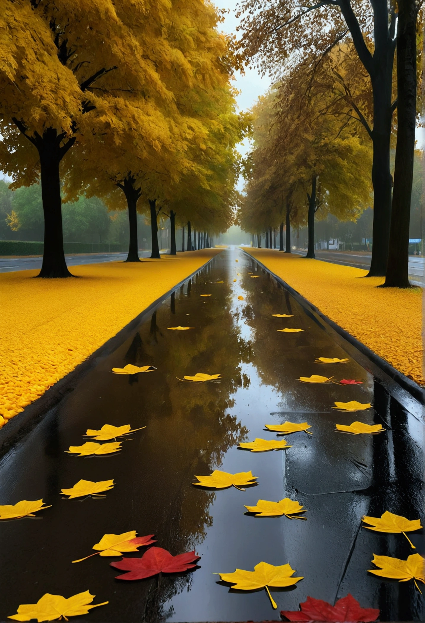 a beautiful autumn landscape, a rainy day with many yellow leaves on the road, puddles reflecting the scenery, (best quality,4k,8k,highres,masterpiece:1.2),ultra-detailed,(realistic,photorealistic,photo-realistic:1.37),HDR,UHD,studio lighting,vivid colors,dramatic lighting,moody atmosphere,autumnal palette,detailed foliage,intricate textures,atmospheric,cinematic,dramatic,conceptual