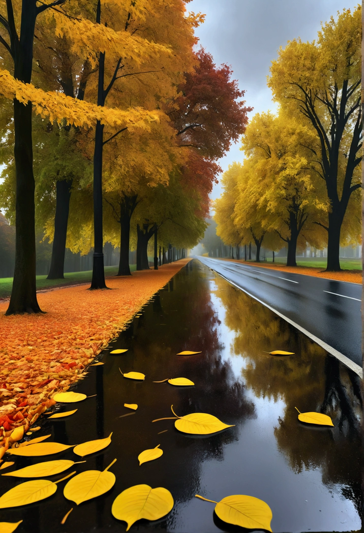 a beautiful autumn landscape, a rainy day with many yellow leaves on the road, puddles reflecting the scenery, (best quality,4k,8k,highres,masterpiece:1.2),ultra-detailed,(realistic,photorealistic,photo-realistic:1.37),HDR,UHD,studio lighting,vivid colors,dramatic lighting,moody atmosphere,autumnal palette,detailed foliage,intricate textures,atmospheric,cinematic,dramatic,conceptual