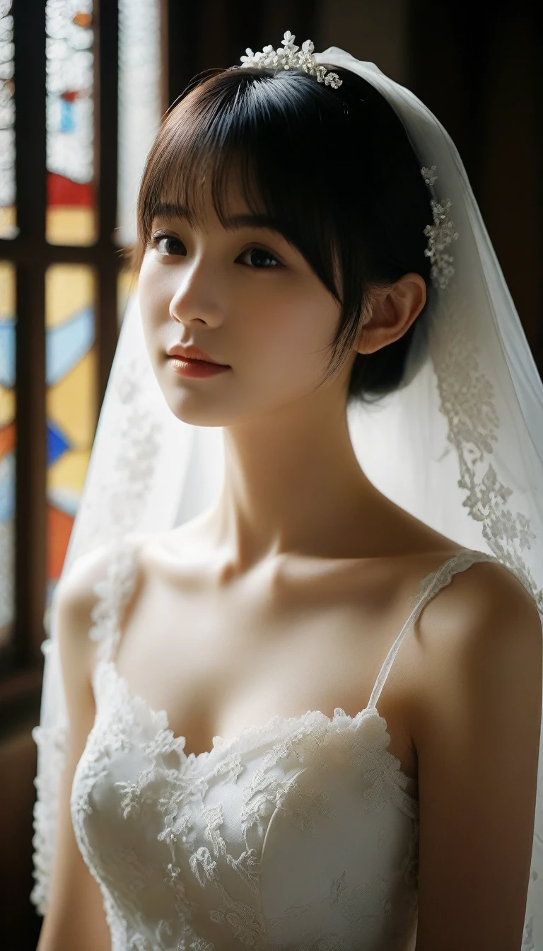 8k, Ultra-high resolution, Highest quality, masterpiece, 三分割法によるphotograph,Surreal, photograph, 1 Girl, (16 years old:1.3), pretty girl, Cute Face, Beautiful eyes in every detail, 細かくdetailedに,masterpiece,One Girl:1.2,Japan Female Teachers,full body,light smile,Black short hair,Bob with bangs,(印象派の美しい少女のPortraiture),(Impressionist light and colour), (White Wedding Dress:1.3),(Fairy, bride, Shiny Hair, Beautiful dark eyes, So cute and beautiful,16 years old, ), (smile:0.8),Sharp contours,Looking down, (Wedding Veil,White lace), ((Gothic cathedral)), (Stained Glass Windows:1), indoor, Light from above, Low contrast, (Side view),, Perfect and beautiful face ,完璧でCute Face, Skin with attention to detail, Perfect limbs、Narrow waist,Looking at the audience,(((Ideal body type))),A cup small breasts :2,Portraiture:2,Perfect Anatomy,鮮明なdetailed,detailed,Surreal,Light and shadow,glowing