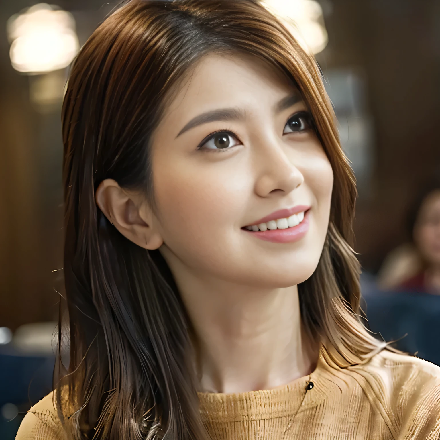 Highest quality, High resolution, realism, Original photo, 8k wallpaper, Perfect perfection, Professional Lighting, Very detailed, beautiful woman with depth of field)), (((Facing the viewer、Watching the audience)))、Close-up photo with focus on face、Big Laugh、30-year-old woman, Off-shoulder cut and sew、Thick lips, Exquisitely detailed face, Eyes for exquisite detail, Light brown waving hair, 