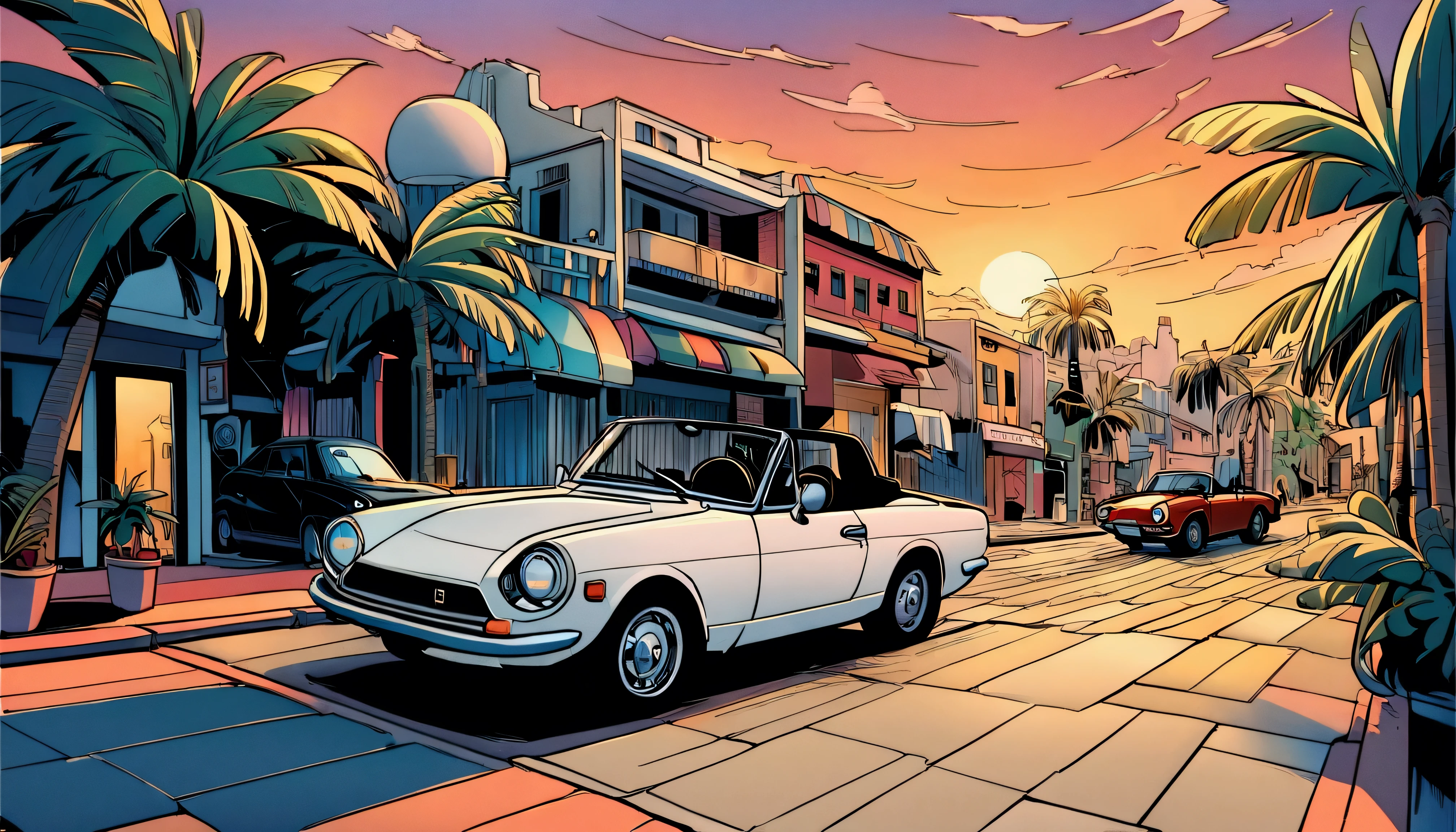 ((TShirt Design)), Fiat 850 Spider, Sunset background, Palm tree, Layers with 5 colors, Corner Street, Belek's Drums, Plethean,