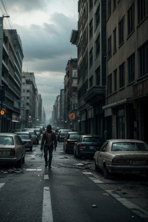 Create a detailed image of a zombie apocalyptic scenario. The scene should show a city in ruins with deserted streets, destroyed buildings and abandoned cars. Add zombies roaming the streets, some visibly injured and others with torn clothes. The atmosphere must be dark and scary, with a cloudy sky and dim lighting. Include some hidden survivors, watching zombies from afar, with expressions of fear and hopelessness