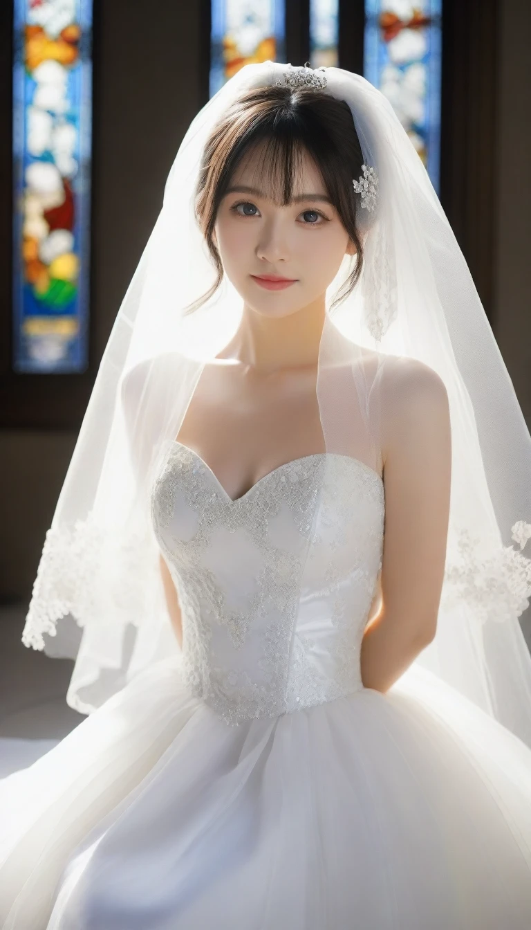 8k, Ultra-high resolution, Highest quality, masterpiece, 三分割法によるphotograph,Surreal, photograph, 1 Girl, (16 years old:1.3), pretty girl, Cute Face, Beautiful eyes in every detail, 細かくdetailedに,masterpiece,One Girl:1.2,Japan Female Teachers,full body,light smile,Black short hair,Bob with bangs,(印象派の美しい少女のPortraiture),(Impressionist light and colour), (White Wedding Dress:1.3),(Fairy, bride, Shiny Hair, Beautiful dark eyes, So cute and beautiful,16 years old, ), (smile:0.8),Sharp contours,Looking down, (Wedding Veil,White lace), ((Gothic cathedral)), (Stained Glass Windows:1), indoor, Light from above, Low contrast, (Side view),, Perfect and beautiful face ,完璧でCute Face, Skin with attention to detail, Perfect limbs、Narrow waist,Looking at the audience,(((Ideal body type))),A cup small breasts :2,Portraiture:2,Perfect Anatomy,鮮明なdetailed,detailed,Surreal,Light and shadow,glowing