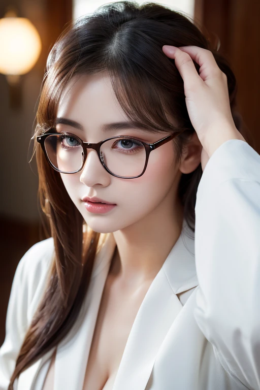masterpiece、Highest quality、8k、Attractive beautiful large almond-shaped eyes、Big black eyes、Long eyelashes、美しい桜colorの唇、A high, well-defined nose、color々Hairstyle、美しく輝くcolor々な髪color、((Realistic:1.3))、Cinematic lighting、Challenging eyes、Bold composition、Detailed face on the market、Detailed、Golden Ratio Face、Ultra-high resolution、Beautifully detailed and realistic white skin、Fox-shaped glasses、紺colorスーツの美少女、Push up the rim of your glasses with your fingers、Intellectual、Office Lady、short hair
