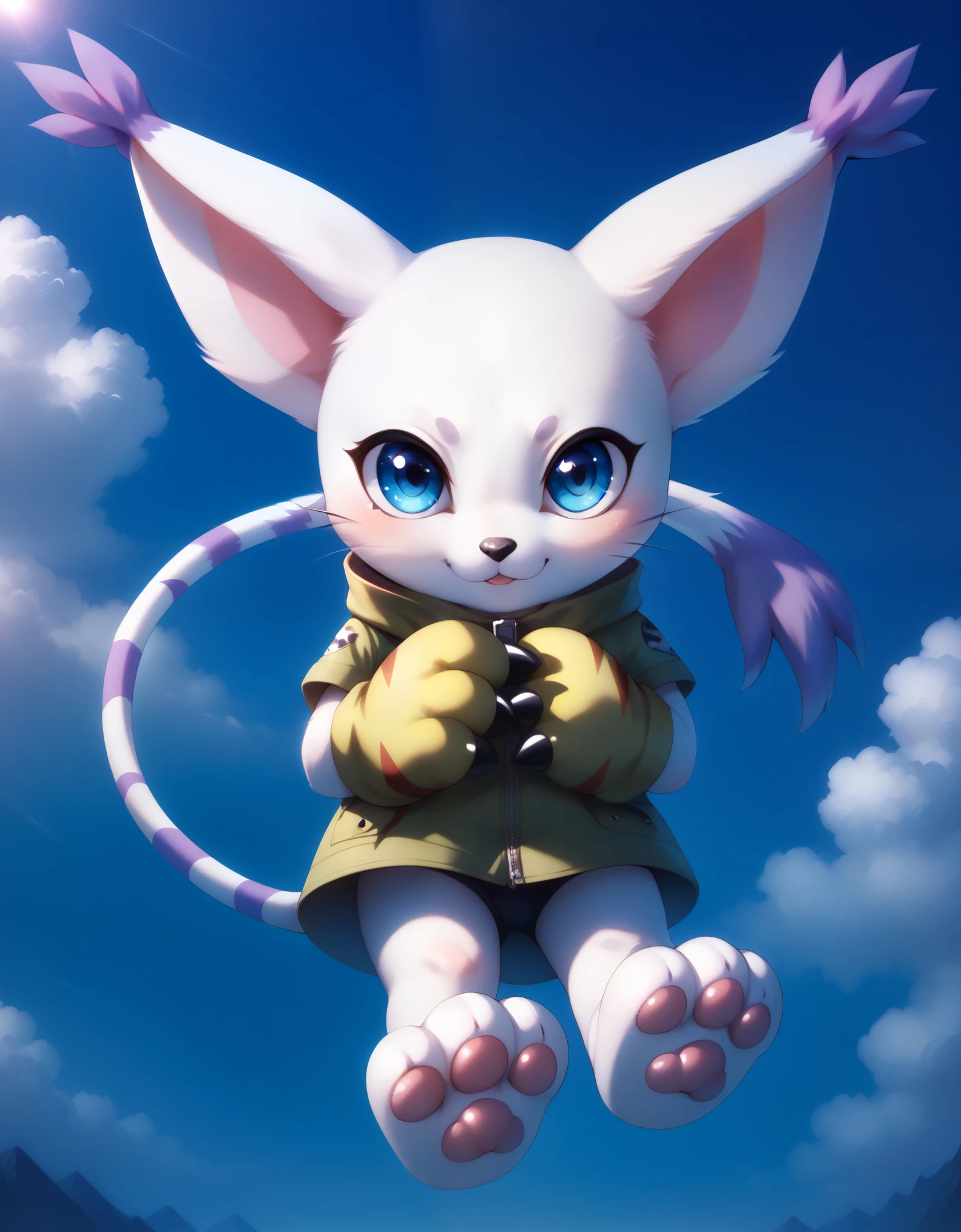 score_9, score_8_up, score_7_up, gatomon, feral, (digimon), solo, looking at viewer, blue eyes, white fur, striped tail, gloves, paw gloves, pawpads,,