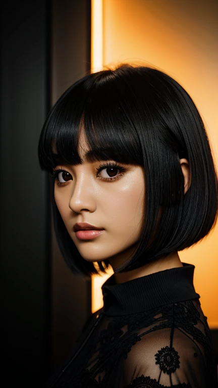 ,,,,,a close-up of a woman with , ela tem cabelo preto with bangs, Hime black haircut, ulzzang, korean, with short hair with bangs, with short hair, dilraba dilmurat, garota gótica korean cruel, hairstyle with bangs style, with bangs, korean symmetrical,,,,,,,,,,,,,the black oil, Dramatic light, highy detailed, cinematic, weirdcore, surreal, abstrato,