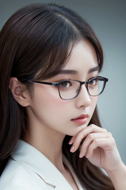 masterpiece、Highest quality、8k、Attractive beautiful large almond-shaped eyes、Big black eyes、Long eyelashes、美しい桜colorの唇、A high, well-defined nose、color々Hairstyle、美しく輝くcolor々な髪color、((Realistic:1.3))、Cinematic lighting、Challenging eyes、Bold composition、Detailed face on the market、Detailed、Golden Ratio Face、Ultra-high resolution、Beautifully detailed and realistic white skin、Fox-shaped glasses、紺colorスーツの美少女、Push up the rim of your glasses with your fingers、Intellectual、Office Lady、short hair
