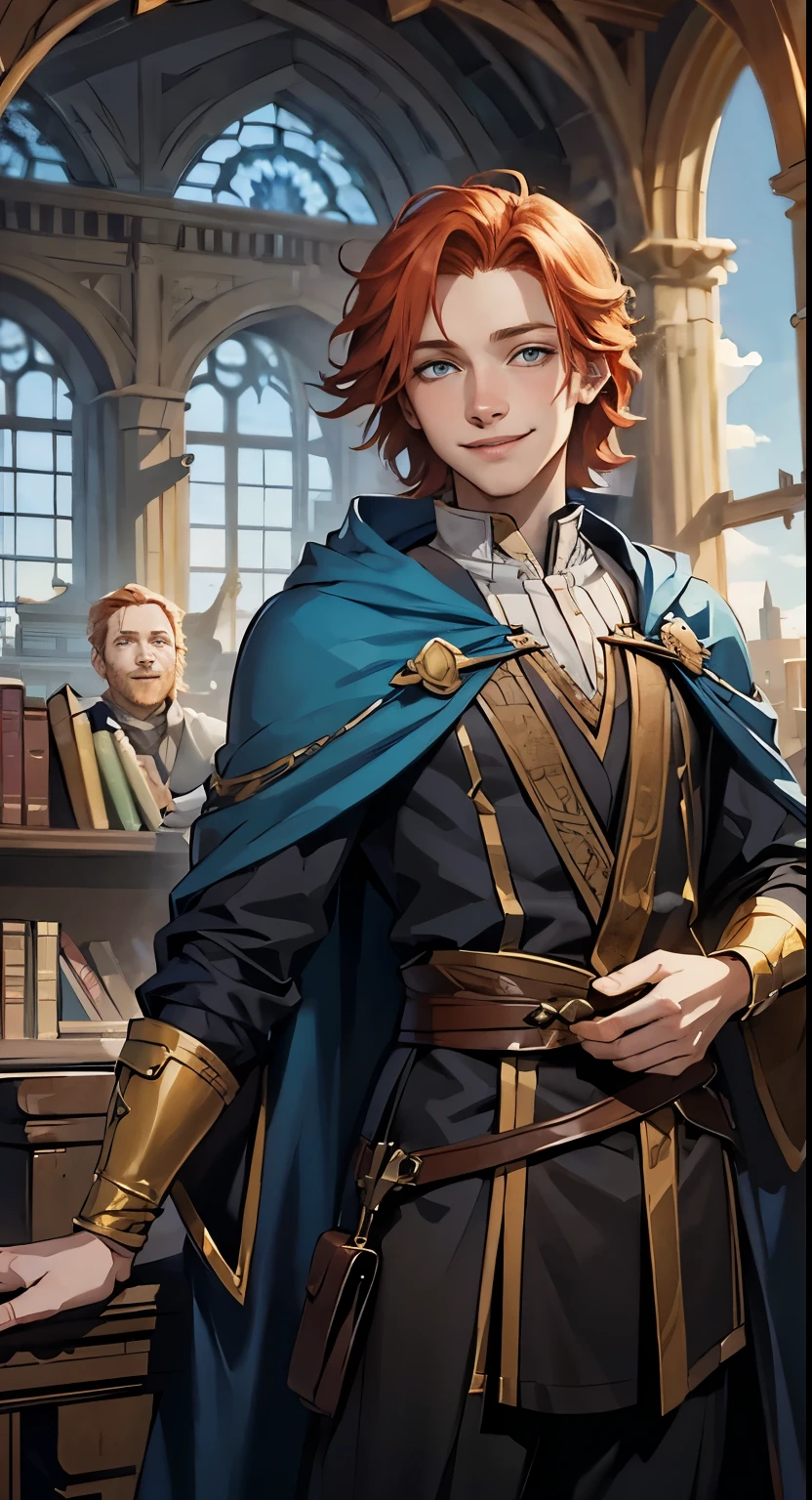 Young male human wizard, , man, light redhead hair and sky eyes. Aventurer clothes. Smiling.  