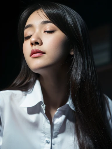 side pose:1.2, thai university uniform:1.4,Close ~ eyes:1.2,Open your mouth:1.2,Tired face:1.2,Face of Suffering:1.2,sky face:1.2,sleeping face:1.2, masterpiece、beautiful girl、fine 目、puffy eyes、highest quality, High resolution, (reality: 1.4), Cinema Lighting,so beautiful、Beautiful Skin、(super reality)、(High resolution)、(8k)、(Very detailed)、(beautiful and fine 目)、(Very detailed)、 Detailed face、black straight long hair、20-year-old、white short-sleeve button up shirt:1.2, black tight mini skirt:1.2, metal shirt buttons:1.4, in the dark classroom:1.1, looking up face:1.2, dark tone:1.1, medium close up:1.1, hair on the face:1.2