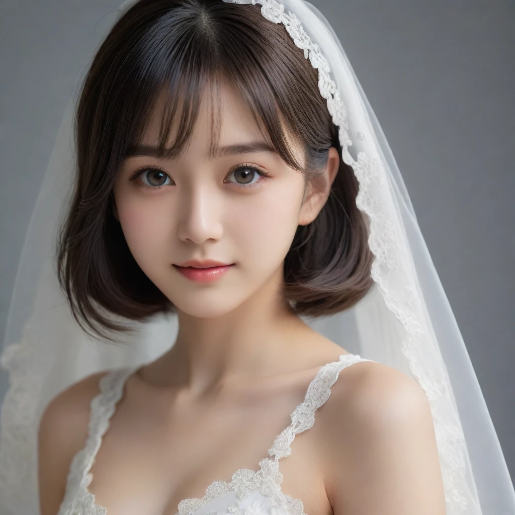 8k, Ultra-high resolution, Highest quality, masterpiece, 三分割法によるphotograph,Surreal, photograph, 1 Girl, (16 years old:1.3), pretty girl, Cute Face, Beautiful eyes in every detail, 細かくdetailedに,masterpiece,One Girl:1.2,Japan Female Teachers,extream close up,sad,light smile,Black short hair,Bob with bangs,(印象派の美しい少女のPortraiture),(Impressionist light and colour), (Gray background:1.3),(White Wedding Dress:1.3),(Fairy, bride, Shiny Hair, Beautiful dark eyes, So cute and beautiful,16 years old, ), (smile:0.8),Sharp contours,Looking down, (Wedding Veil,White lace), Light from above, (Side view),, Perfect and beautiful face ,完璧でCute Face, Skin with attention to detail, Perfect limbs、Narrow waist,Looking at the audience,(((Ideal body type))),A cup small breasts :2,Portraiture:2,Perfect Anatomy,鮮明なdetailed,detailed,Surreal,Light and shadow,glowing