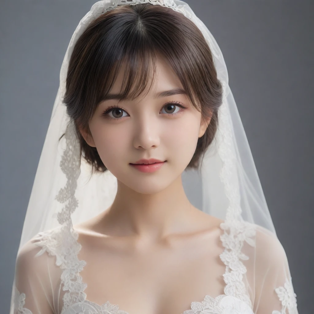 8k, Ultra-high resolution, Highest quality, masterpiece, 三分割法によるphotograph,Surreal, photograph, 1 Girl, (16 years old:1.3), pretty girl, Cute Face, Beautiful eyes in every detail, 細かくdetailedに,masterpiece,One Girl:1.2,Japan Female Teachers,extream close up,sad,light smile,Black short hair,Bob with bangs,(印象派の美しい少女のPortraiture),(Impressionist light and colour), (Gray background:1.3),(White Wedding Dress:1.3),(Fairy, bride, Shiny Hair, Beautiful dark eyes, So cute and beautiful,16 years old, ), (smile:0.8),Sharp contours,Looking down, (Wedding Veil,White lace), Light from above, (Side view),, Perfect and beautiful face ,完璧でCute Face, Skin with attention to detail, Perfect limbs、Narrow waist,Looking at the audience,(((Ideal body type))),A cup small breasts :2,Portraiture:2,Perfect Anatomy,鮮明なdetailed,detailed,Surreal,Light and shadow,glowing