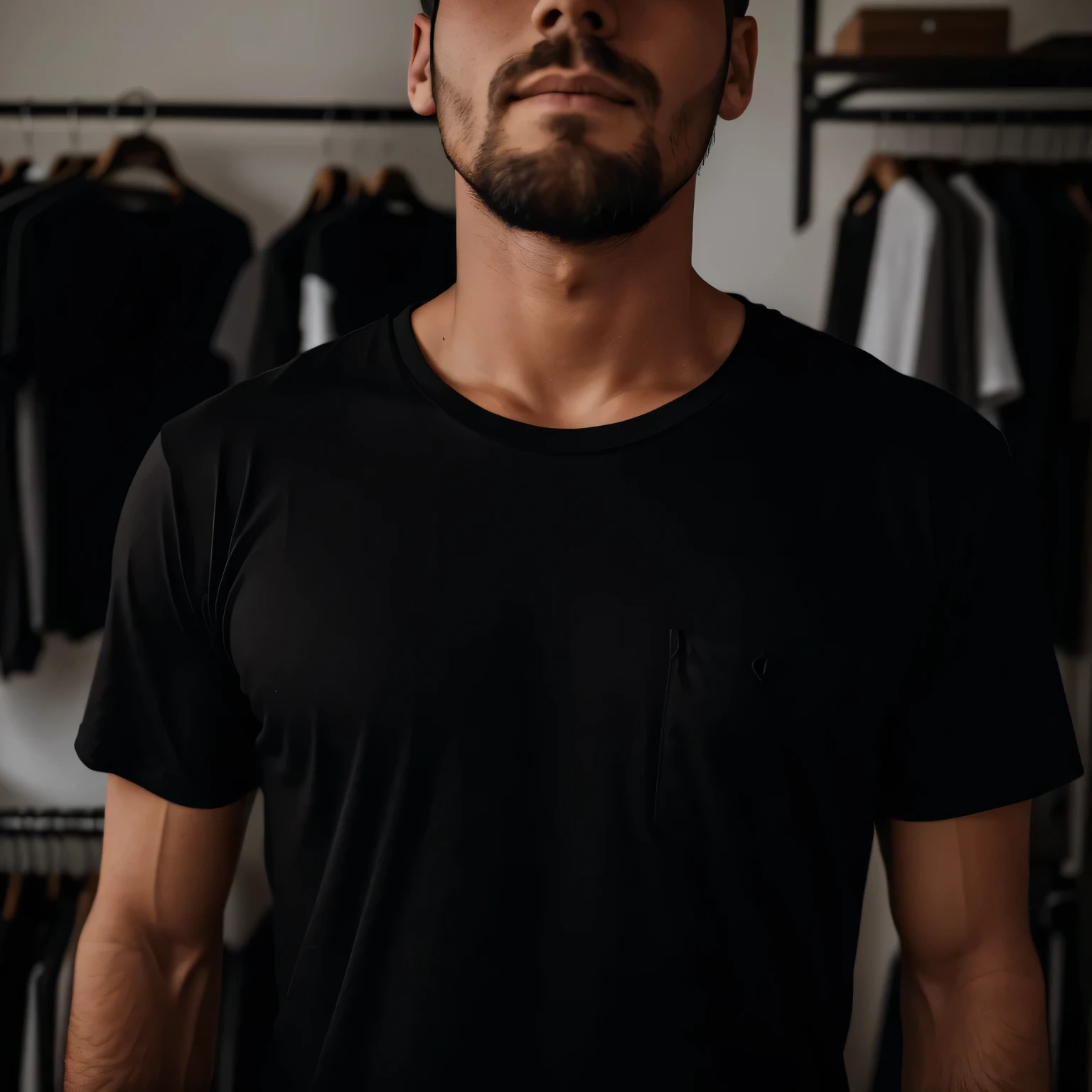 Man wearing a black cotton t-shirt with no details, fundo traders
