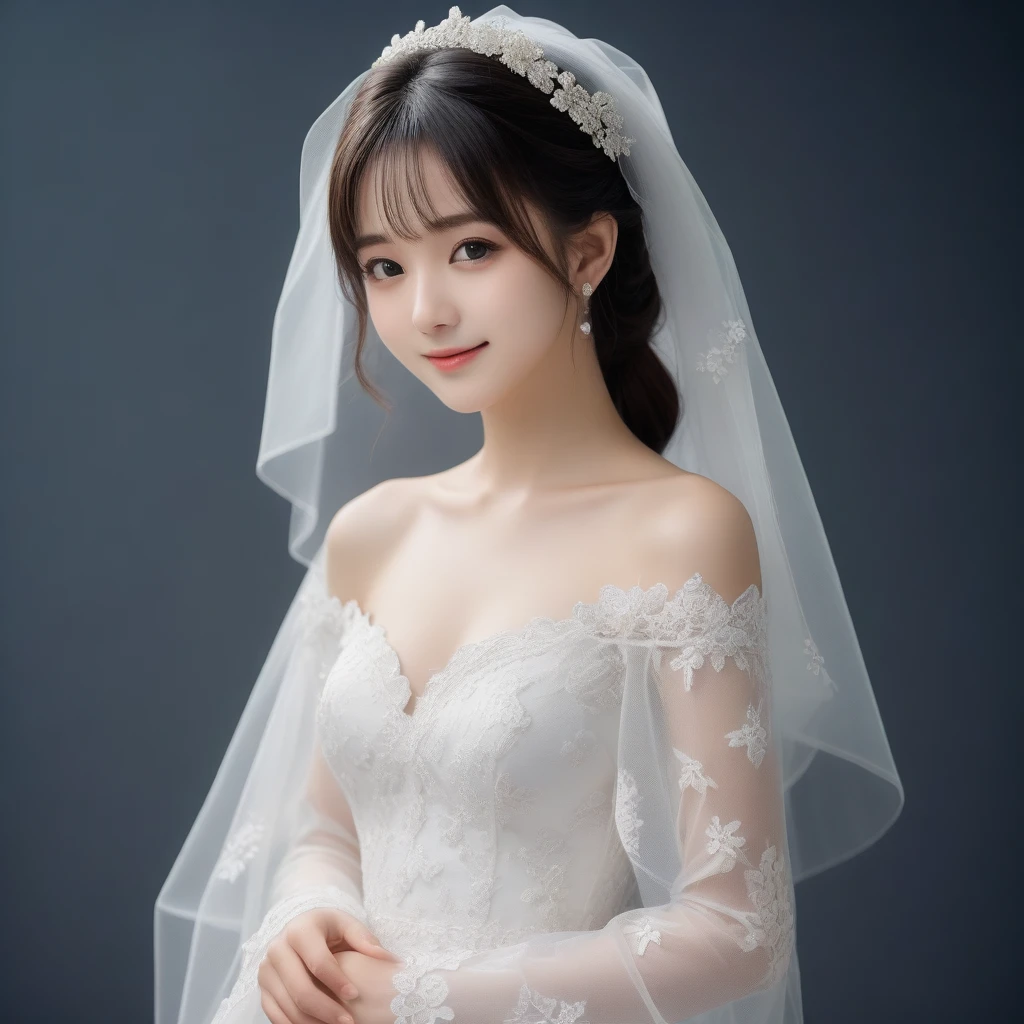 8k, Ultra-high resolution, Highest quality, masterpiece, 三分割法によるphotograph,Surreal, photograph, 1 Girl, (16 years old:1.3), pretty girl, Cute Face, Beautiful eyes in every detail, 細かくdetailedに,masterpiece,One Girl:1.2,Japan Female Teachers,extream close up,sad,light smile,Black short hair,Bob with bangs,(印象派の美しい少女のPortraiture),(Impressionist light and colour), (Gray background:1.3),(White Wedding Dress:1.3),(Fairy, bride, Shiny Hair, Beautiful dark eyes, So cute and beautiful,16 years old, ), (smile:0.8),Sharp contours,Looking down, (Wedding Veil,White lace), Light from above, (Side view),, Perfect and beautiful face ,完璧でCute Face, Skin with attention to detail, Perfect limbs、Narrow waist,Looking at the audience,(((Ideal body type))),A cup small breasts :2,Portraiture:2,Perfect Anatomy,鮮明なdetailed,detailed,Surreal,Light and shadow,glowing