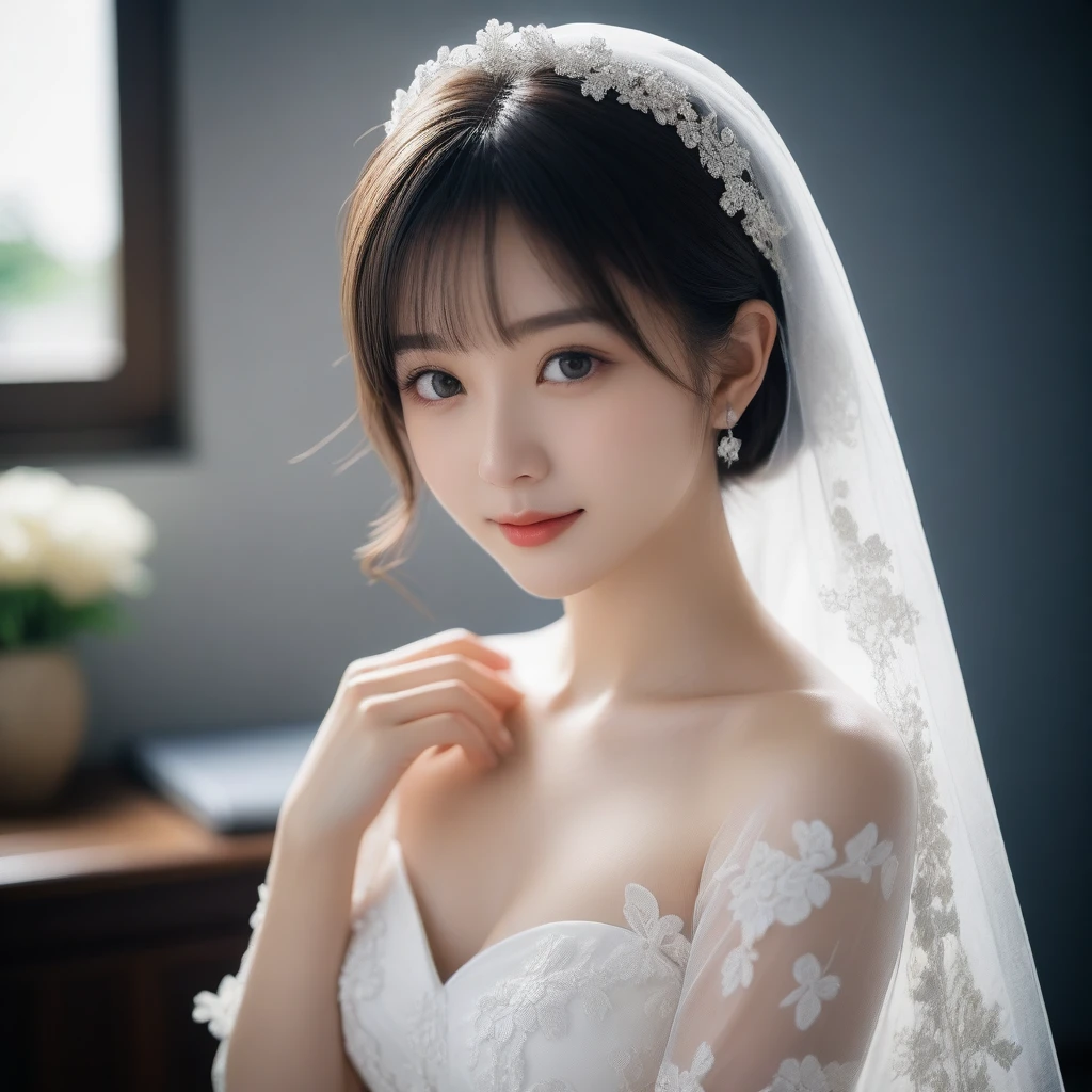 8k, Ultra-high resolution, Highest quality, masterpiece, 三分割法によるphotograph,Surreal, photograph, 1 Girl, (16 years old:1.3), pretty girl, Cute Face, Beautiful eyes in every detail, 細かくdetailedに,masterpiece,One Girl:1.2,Japan Female Teachers,extream close up,sad,light smile,Black short hair,Bob with bangs,(印象派の美しい少女のPortraiture),(Impressionist light and colour), (Gray background:1.3),(White Wedding Dress:1.3),(Fairy, bride, Shiny Hair, Beautiful dark eyes, So cute and beautiful,16 years old, ), (smile:0.8),Sharp contours,Looking down, (Wedding Veil,White lace), Light from above, (Side view),, Perfect and beautiful face ,完璧でCute Face, Skin with attention to detail, Perfect limbs、Narrow waist,Looking at the audience,(((Ideal body type))),A cup small breasts :2,Portraiture:2,Perfect Anatomy,鮮明なdetailed,detailed,Surreal,Light and shadow,glowing
