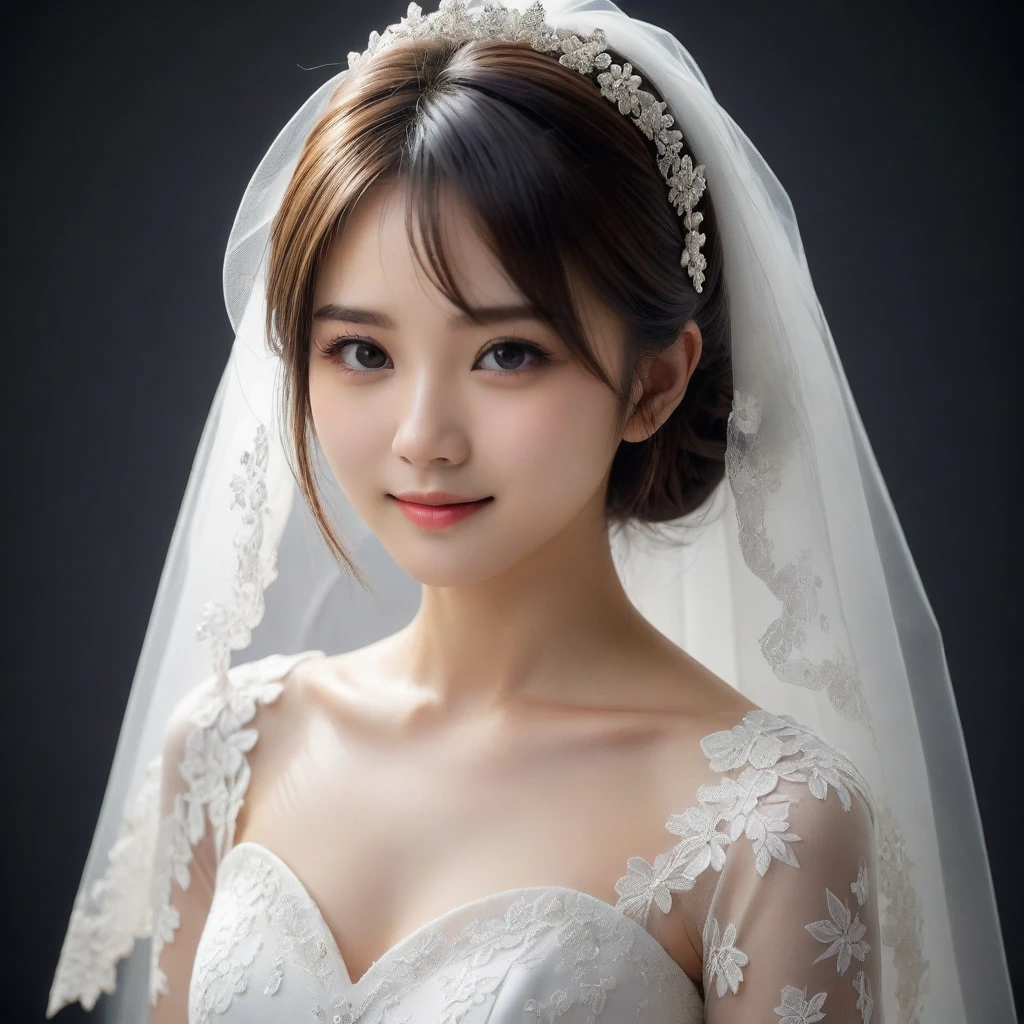 8k, Ultra-high resolution, Highest quality, masterpiece, 三分割法によるphotograph,Surreal, photograph, 1 Girl, (16 years old:1.3), pretty girl, Cute Face, Beautiful eyes in every detail, 細かくdetailedに,masterpiece,One Girl:1.2,Japan Female Teachers,extream close up,sad,light smile,Black short hair,Bob with bangs,(印象派の美しい少女のPortraiture),(Impressionist light and colour), (Gray background:1.3),(White Wedding Dress:1.3),(Fairy, bride, Shiny Hair, Beautiful dark eyes, So cute and beautiful,16 years old, ), (smile:0.8),Sharp contours,Looking down, (Wedding Veil,White lace), Light from above, (Side view),, Perfect and beautiful face ,完璧でCute Face, Skin with attention to detail, Perfect limbs、Narrow waist,Looking at the audience,(((Ideal body type))),A cup small breasts :2,Portraiture:2,Perfect Anatomy,鮮明なdetailed,detailed,Surreal,Light and shadow,glowing