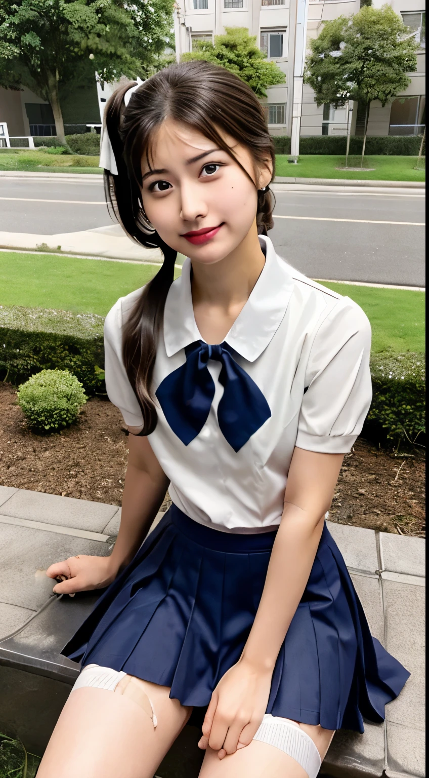 (Tabletop:1.2, 8k, Highest quality), (Realistic, Realistic:1.4), Ultra-detailed, View your viewers, avert your eyes, whole body, 1 girl, Black Hair, high school girl, Light brown hair, (Long Hair:1.4), (Side Ponytail:1.7), skinny, Middle Chest, Beautiful Face, Beautiful attention to detail, Beautiful ears, Beautiful body, Beautiful breasts, Beautiful thighs, Beautiful feet, (Cute Uniform(Cute Uniform:1.5), (the navel is slightly visible:1.1), White skin), High heels, Animal Collars, garden, Sitting garden Bench, gardenlight, (Ahegao, Embarrassing, Scared, Are crying, Sweaty, Drooling, Trembling, Please open your mouth wide, Speak out loud),, shibari:1.6. Wet Crotch:1.5, My feet get wet))), (Beautiful views), (((Midnight), rain:1.8, rainの, Wet body)),