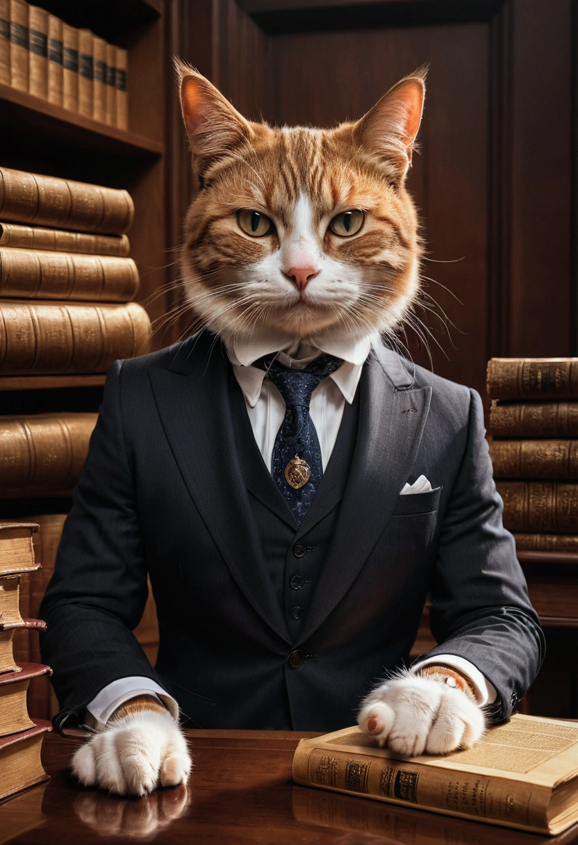1cat, Lawyer, a lawyer cat in court, highly detailed, studio lighting, ultra-detailed, extremely intricate, cinematic light, dramatic lighting, elegant, sophisticated, expressive eyes, exquisite facial features, tailored suit, courtroom background, wooden desk, books, documents, professional, award-winning art, masterpiece, best quality, very aesthetic, absurdres