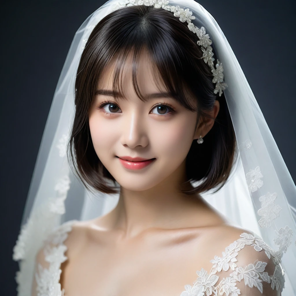 8k, Ultra-high resolution, Highest quality, masterpiece, 三分割法によるphotograph,Surreal, photograph, 1 Girl, (16 years old:1.3), pretty girl, Cute Face, Beautiful eyes in every detail, 細かくdetailedに,masterpiece,One Girl:1.2,Japan Female Teachers,extream close up,sad,light smile,Black short hair,Bob with bangs,(印象派の美しい少女のPortraiture),(Impressionist light and colour), (Gray background:1.3),(White Wedding Dress:1.3),(Fairy, bride, Shiny Hair, Beautiful dark eyes, So cute and beautiful,16 years old, ), (smile:0.8),Sharp contours,Looking down, (Wedding Veil,White lace), Light from above, (Side view),, Perfect and beautiful face ,完璧でCute Face, Skin with attention to detail, Perfect limbs、Narrow waist,Looking at the audience,(((Ideal body type))),A cup small breasts :2,Portraiture:2,Perfect Anatomy,鮮明なdetailed,detailed,Surreal,Light and shadow,glowing