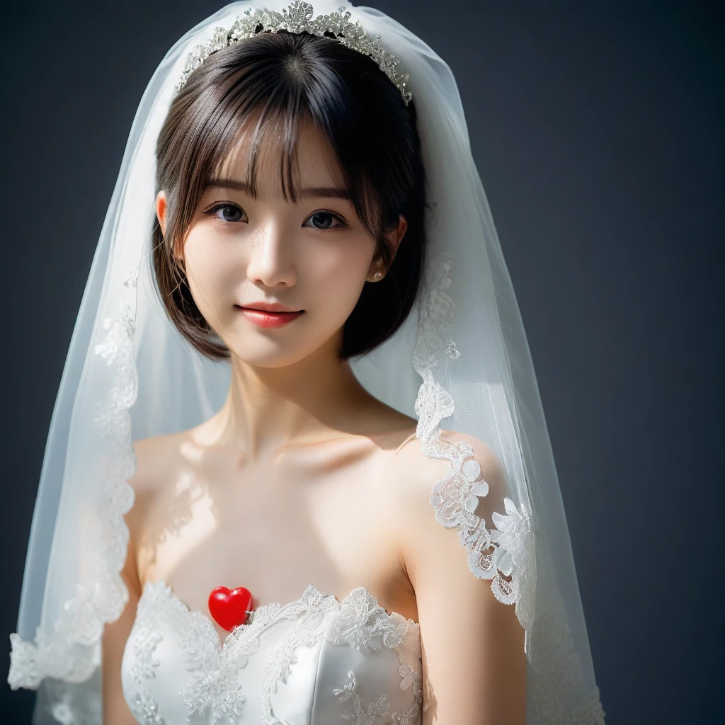 8k, Ultra-high resolution, Highest quality, masterpiece, 三分割法によるphotograph,Surreal, photograph, 1 Girl, (:1.3), pretty girl, Cute Face, Beautiful eyes in every detail, 細かくdetailedに,masterpiece,One Girl:1.2,Japan Female Teachers,extream close up,sad,light smile,Black short hair,Bob with bangs,(印象派の美しい少女のPortraiture),(Impressionist light and colour), (Gray background:1.3),(White Wedding Dress:1.3),(Fairy, bride, Shiny Hair, Beautiful dark eyes, So cute and beautiful,16 years old0.8),Sharp contours,Looking down, (Wedding Veil,White lace), Light from above, (Side view),, Perfect and beautiful face ,完璧でCute Face, Skin with attention to detail, Perfect limbs、Narrow waist,Looking at the audience,(((Ideal body type))),A cup small breasts :2,Portraiture:2,Perfect Anatomy,鮮明なdetailed,detailed,Surreal,Light and shadow,glowing
