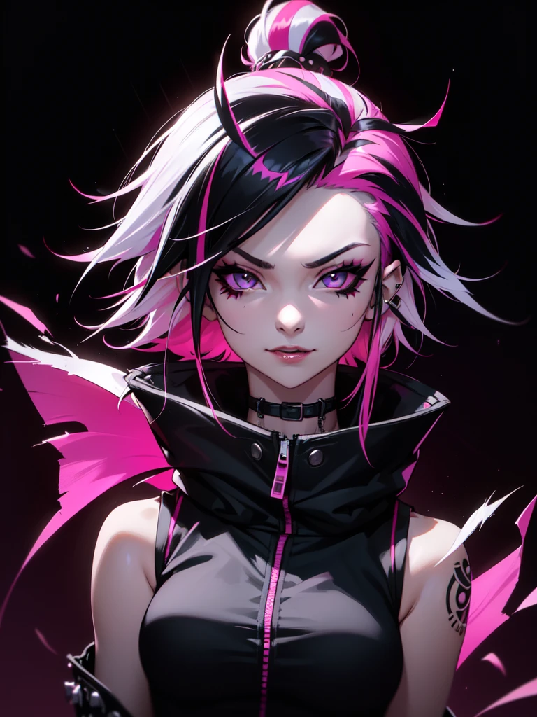 (((Portrait Photo))), She has the Appearance of Bold and Edgy Young Girl, with a Slim, Fashionable Build that Radiates Confidence. Her Long, Straight Black Hair is Accentuated by Vibrant Pink Streaks, Adding a Striking and Rebellious Flair to Her Look. Her Dark Eyes are Intense and Expressive, Filled with a Sense of Mischief and Determination, Giving Her a Fierce and Charismatic Aura. Her Expression is Playful and Defiant, with a Confident Smile that Conveys a Sense of Boldness and Independence. (((High Quality, Dark Background))), (((Portrait Photo))), (((Punk-Inspired Sleeveless Jacket))), (((Streaked Hair)))