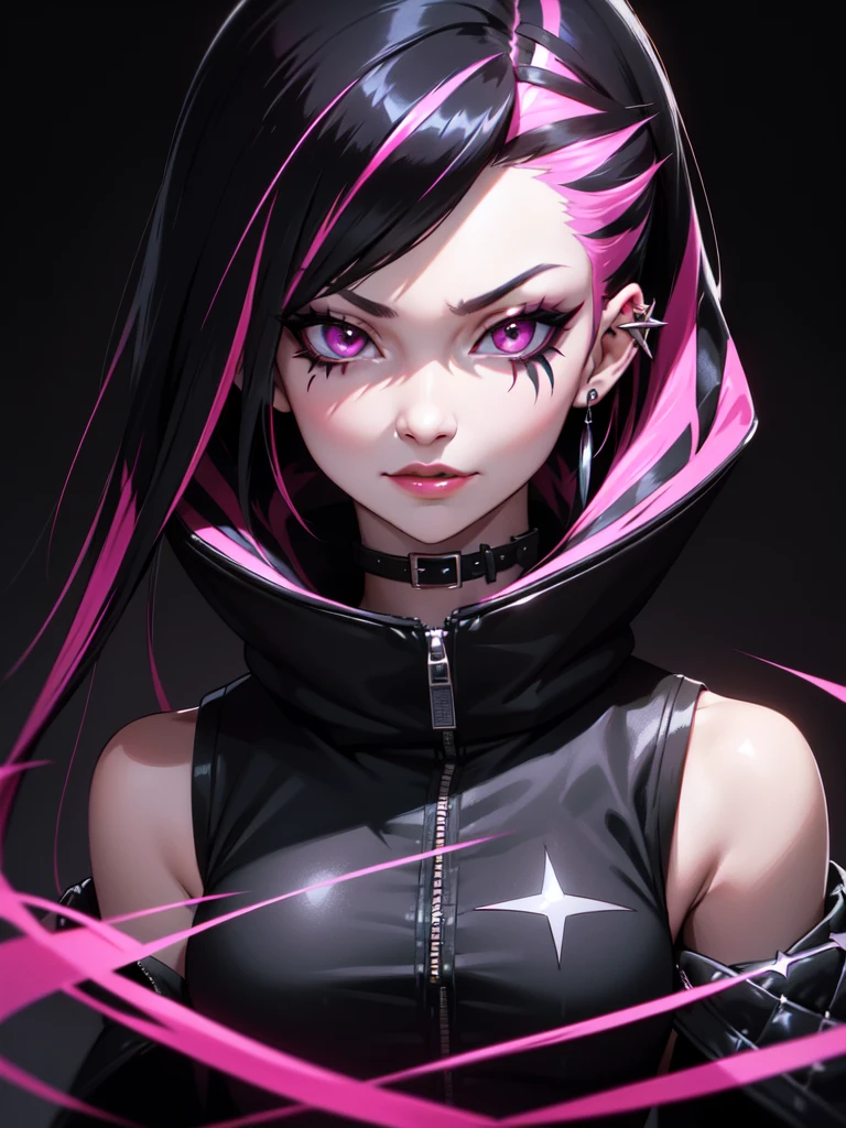 (((Portrait Photo))), She has the Appearance of Bold and Edgy Young Girl, with a Slim, Fashionable Build that Radiates Confidence. Her Long, Straight Black Hair is Accentuated by Vibrant Pink Streaks, Adding a Striking and Rebellious Flair to Her Look. Her Dark Eyes are Intense and Expressive, Filled with a Sense of Mischief and Determination, Giving Her a Fierce and Charismatic Aura. Her Expression is Playful and Defiant, with a Confident Smile that Conveys a Sense of Boldness and Independence. (((High Quality, Dark Background))), (((Portrait Photo))), (((Punk-Inspired Sleeveless Jacket))), (((Streaked Hair)))