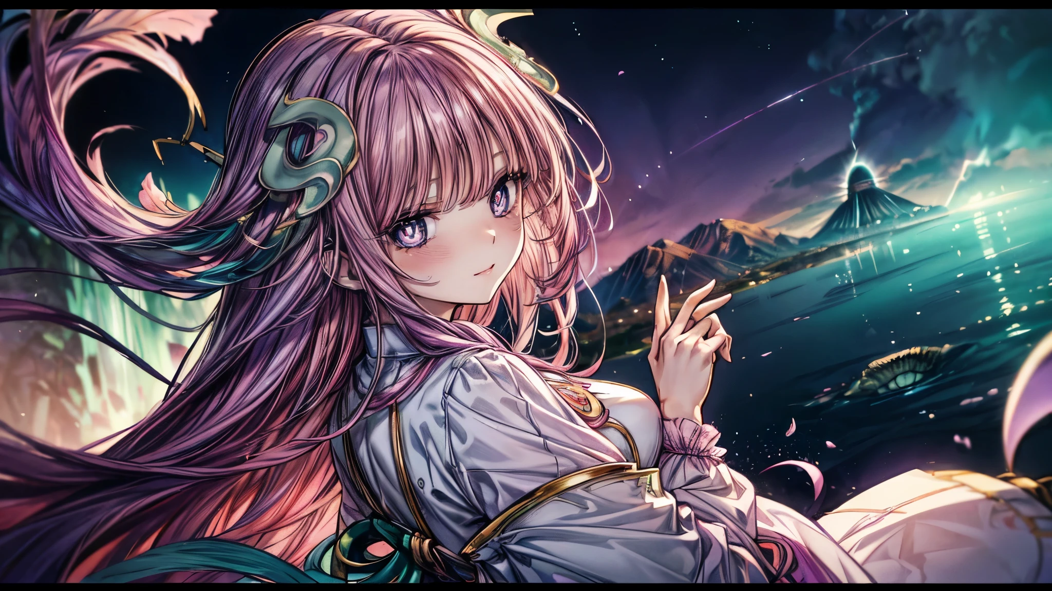 (overhead view), beautiful anime woman illustration, 1girl, (masterpiece, best quality, ultra-detailed), sharp focus, detailed face, extremely detailed eyes, face focus, long hair, criss-crossed bangs, hair over shoulder, purple hair, (teal streaked hair:1.3), pink gradient eyes, (magatama shaped pupils:1.5), long eyelashes, small smile, medium breasts, peach blossom hairpin, ((colors of clothing: white, red, gold, with purple accents)), ((looking back over shoulder, hands clasped behind back, mountain waterfall background, breeze, peace blossoms)), cinematic lighting, rim lightning, ray tracing, shadowing, dynamic angle