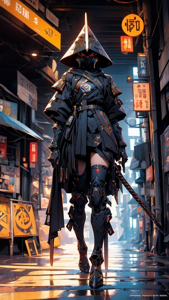 A nomadic robot, in the desert, walking street ,wearing a messy shawl, holding a staff, wearing a large metal hat, rough, rusty, dusty body, thin frame, tall, cyberpunk, Cyborg., Surreal version of a woman holding a sword in her hand, very beautiful cyberpunk samurai, anime cyberpunk art, cyberpunk samurai, cyberpunk anime art, cyberpunk anime, cgsociety 9, technical cyberpunk anime art number, maciej's style kuciara.1girl, samurai armor, demon mask helmet, intricate decorations, details, cool colors, metallic, Egyptian details, extremely intricate details, sleek realistic lighting , trends in cgs society, glowing eyes, facing camera, neon details, surreal details, full body portraits, Japanese atmosphere, global illumination, shadows, octane rendering, 8k, super sharp. great ta.fix body