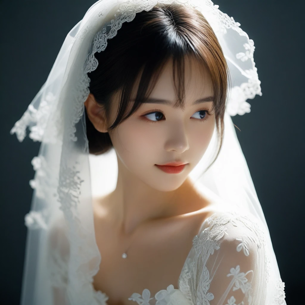 8k, Ultra-high resolution, Highest quality, masterpiece, 三分割法によるphotograph,Surreal, photograph, 1 Girl, (16 years old:1.3), pretty girl, Cute Face, Beautiful eyes in every detail, 細かくdetailedに,masterpiece,One Girl:1.2,Japan Female Teachers,extream close up,sad,light smile,Black short hair,Bob with bangs,(印象派の美しい少女のPortraiture),(Impressionist light and colour), (Gray background:1.3),(White Wedding Dress:1.3),(Fairy, bride, Shiny Hair, Beautiful dark eyes, So cute and beautiful,16 years old, ), (smile:0.8),Sharp contours,Looking down, (Wedding Veil,White lace), Light from above, (Side view),, Perfect and beautiful face ,完璧でCute Face, Skin with attention to detail, Perfect limbs、Narrow waist,Looking at the audience,(((Ideal body type))),A cup small breasts :2,Portraiture:2,Perfect Anatomy,鮮明なdetailed,detailed,Surreal,Light and shadow,glowing