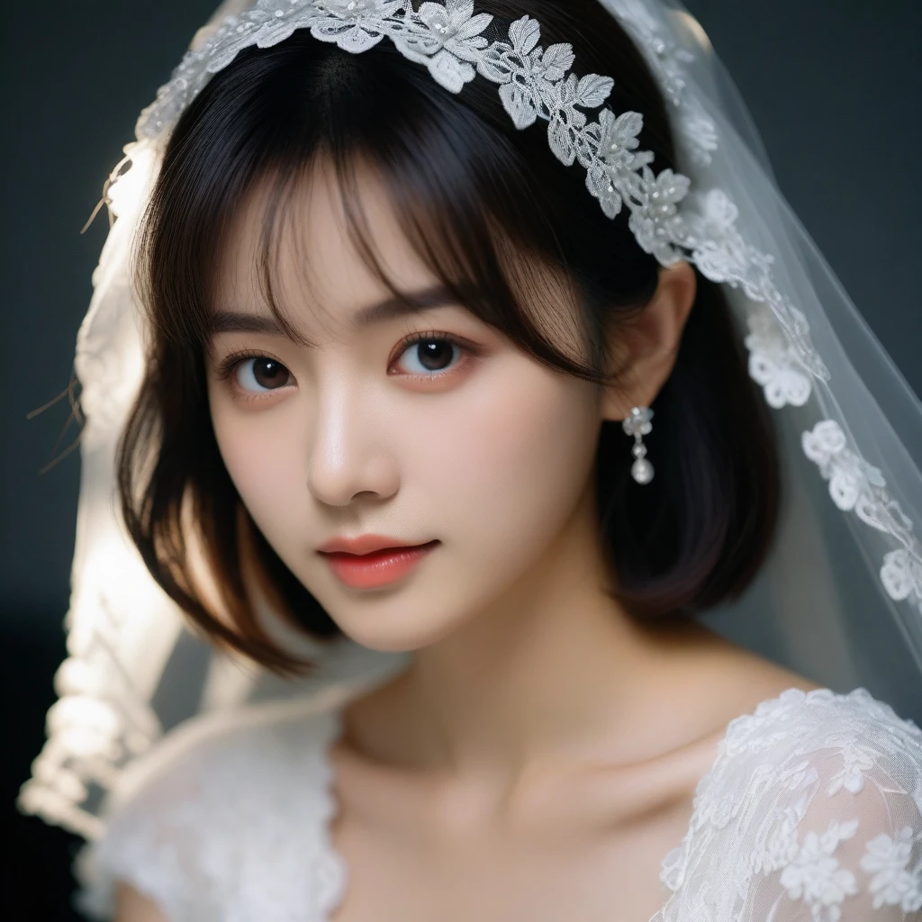 8k, Ultra-high resolution, Highest quality, masterpiece, 三分割法によるphotograph,Surreal, photograph, 1 Girl, (16 years old:1.3), pretty girl, Cute Face, Beautiful eyes in every detail, 細かくdetailedに,masterpiece,One Girl:1.2,Japan Female Teachers,extream close up,sad,light smile,Black short hair,Bob with bangs,(印象派の美しい少女のPortraiture),(Impressionist light and colour), (Gray background:1.3),(White Wedding Dress:1.3),(Fairy, bride, Shiny Hair, Beautiful dark eyes, So cute and beautiful,16 years old, ), (smile:0.8),Sharp contours,Looking down, (Wedding Veil,White lace), Light from above, (Side view),, Perfect and beautiful face ,完璧でCute Face, Skin with attention to detail, Perfect limbs、Narrow waist,Looking at the audience,(((Ideal body type))),A cup small breasts :2,Portraiture:2,Perfect Anatomy,鮮明なdetailed,detailed,Surreal,Light and shadow,glowing
