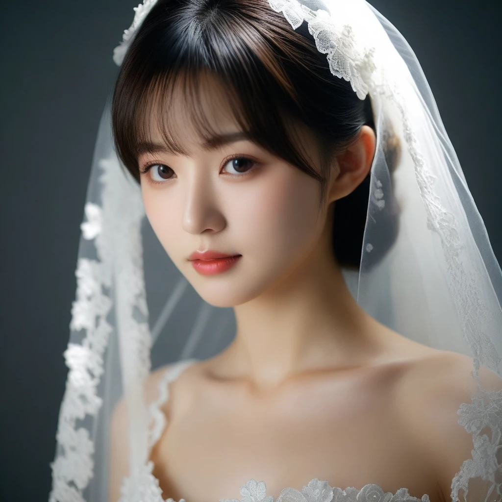 8k, Ultra-high resolution, Highest quality, masterpiece, 三分割法によるphotograph,Surreal, photograph, 1 Girl, (:1.3), pretty girl, Cute Face, Beautiful eyes in every detail, 細かくdetailedに,masterpiece,One Girl:1.2,Japan Female Teachers,extream close up,sad,light smile,Black short hair,Bob with bangs,(印象派の美しい少女のPortraiture),(Impressionist light and colour), (Gray background:1.3),(White Wedding Dress:1.3),(Fairy, bride, Shiny Hair, Beautiful dark eyes, So cute and beautiful,16 years old0.8),Sharp contours,Looking down, (Wedding Veil,White lace), Light from above, (Side view),, Perfect and beautiful face ,完璧でCute Face, Skin with attention to detail, Perfect limbs、Narrow waist,Looking at the audience,(((Ideal body type))),A cup small breasts :2,Portraiture:2,Perfect Anatomy,鮮明なdetailed,detailed,Surreal,Light and shadow,glowing