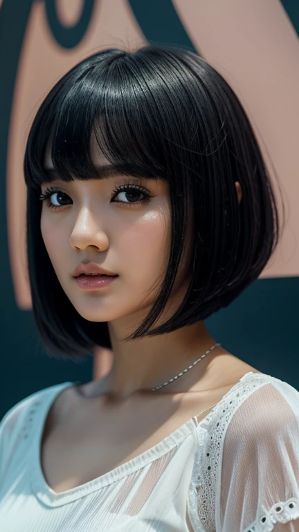 ,,,a close-up of a woman with , ela tem cabelo preto with bangs, Hime black haircut, ulzzang, korean, with short hair with bangs, with short hair, dilraba dilmurat, garota korean cruel, hairstyle with bangs style, with bangs, korean symmetrical,,,,,,,,,,,,,, clear light , highy detailed, cinematic, weirdcore, surreal, abstrato,