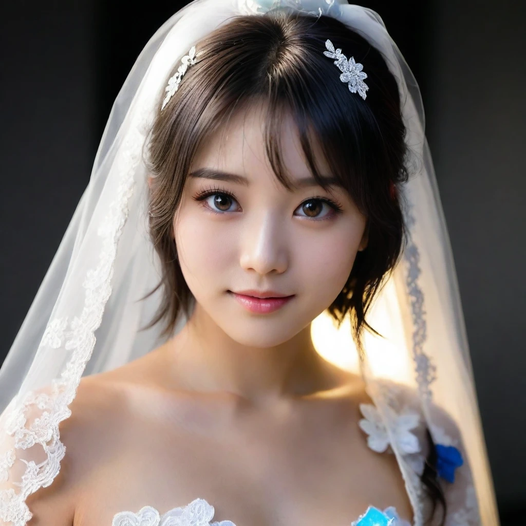 8k, Ultra-high resolution, Highest quality, masterpiece, 三分割法によるphotograph,Surreal, photograph, 1 Girl, (:1.3), pretty girl, Cute Face, Beautiful eyes in every detail, 細かくdetailedに,masterpiece,One Girl:1.2,Japan Female Teachers,extream close up,sad,light smile,Black short hair,Bob with bangs,(印象派の美しい少女のPortraiture),(Impressionist light and colour), (Gray background:1.3),(White Wedding Dress:1.3),(Fairy, bride, Shiny Hair, Beautiful dark eyes, So cute and beautiful,16 years old0.8),Sharp contours,Looking down, (Wedding Veil,White lace), Light from above, (Side view),, Perfect and beautiful face ,完璧でCute Face, Skin with attention to detail, Perfect limbs、Narrow waist,Looking at the audience,(((Ideal body type))),A cup small breasts :2,Portraiture:2,Perfect Anatomy,鮮明なdetailed,detailed,Surreal,Light and shadow,glowing