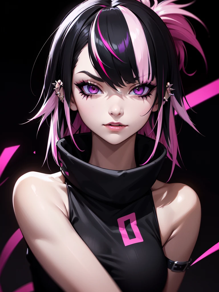 (((Portrait Photo))), She has the Appearance of Bold and Edgy Young Girl, with a Slim, Fashionable Build that Radiates Confidence. Her Long, Straight Black Hair is Accentuated by Vibrant Pink Streaks, Adding a Striking and Rebellious Flair to Her Look. Her Dark Eyes are Intense and Expressive, Filled with a Sense of Mischief and Determination, Giving Her a Fierce and Charismatic Aura. Her Expression is Playful and Defiant, with a Confident Smile that Conveys a Sense of Boldness and Independence. (((High Quality, Dark Background))), (((Portrait Photo))), (((Punk-Inspired Sleeveless Outfit))), (((Streaked Hair)))