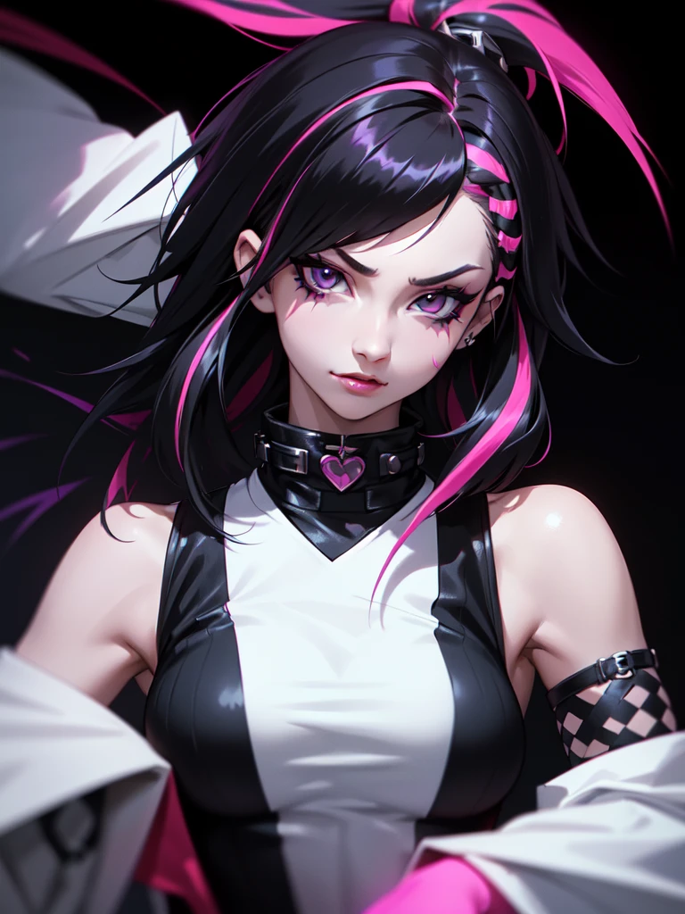 (((Portrait Photo))), She has the Appearance of Bold and Edgy Young Girl, with a Slim, Fashionable Build that Radiates Confidence. Her Long, Straight Black Hair is Accentuated by Vibrant Pink Streaks, Adding a Striking and Rebellious Flair to Her Look. Her Dark Eyes are Intense and Expressive, Filled with a Sense of Mischief and Determination, Giving Her a Fierce and Charismatic Aura. Her Expression is Playful and Defiant, with a Confident Smile that Conveys a Sense of Boldness and Independence. (((High Quality, Dark Background))), (((Portrait Photo))), (((Punk-Inspired Sleeveless Outfit))), (((Streaked Hair)))