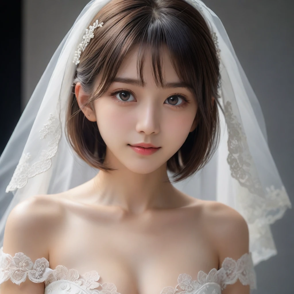 8k, Ultra-high resolution, Highest quality, masterpiece, 三分割法によるphotograph,Surreal, photograph, 1 Girl, (:1.3), pretty girl, Cute Face, Beautiful eyes in every detail, 細かくdetailedに,masterpiece,One Girl:1.2,Japan Female Teachers,extream close up,sad,light smile,Black short hair,Bob with bangs,(印象派の美しい少女のPortraiture),(Impressionist light and colour), (Gray background:1.3),(White Wedding Dress:1.3),(Fairy, bride, Shiny Hair, Beautiful dark eyes, So cute and beautiful,16 years old0.8),Sharp contours,Looking down, (Wedding Veil,White lace), Light from above, (Side view),, Perfect and beautiful face ,完璧でCute Face, Skin with attention to detail, Perfect limbs、Narrow waist,Looking at the audience,(((Ideal body type))),A cup small breasts :2,Portraiture:2,Perfect Anatomy,鮮明なdetailed,detailed,Surreal,Light and shadow,glowing