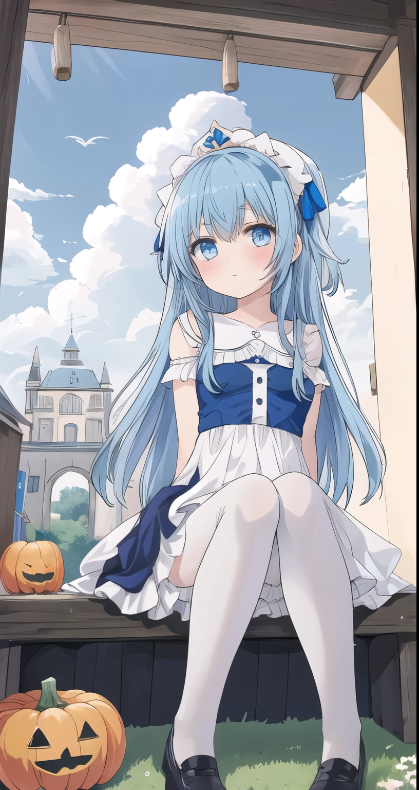 masterpiece, best quality,tower,town,Europe,A girl,Blue Hair,Long hair,sit,blue eyes,White Dress,stocking,roof，White pumpkin pants