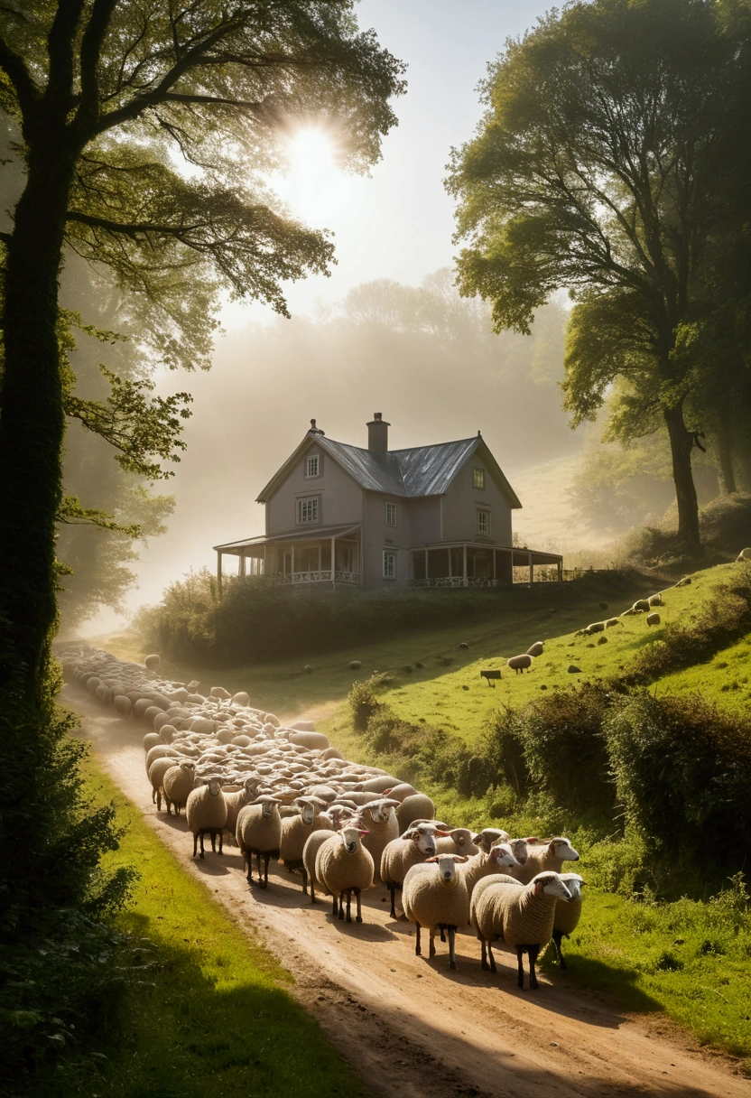 A distant, charming country house in the vast hills, fog, Sun rays, Dirt road through a dense forest,A flock of sheep