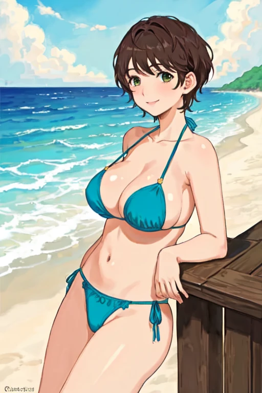 masterpiece, best quality, finely detailed, beautiful, Flat colors, detailed texture, detailed face, a girl, short very light brown hair, dark green eyes, smiling, breasts, blue bikini, big pussy, big breast, blue sandals, standing, on the beach