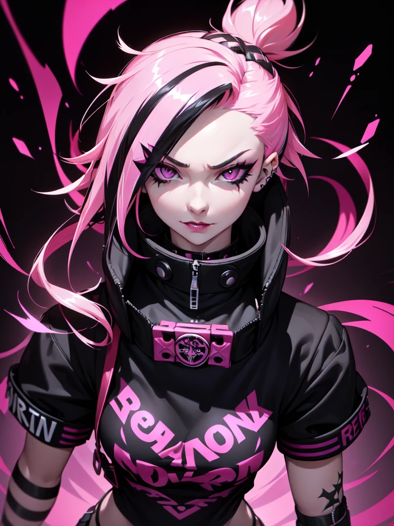 (((Portrait Photo))), She has the Appearance of Bold and Edgy Young Girl, with a Slim, Fashionable Build that Radiates Confidence. Her Long, Straight Black Hair is Accentuated by Vibrant Pink Streaks, Adding a Striking and Rebellious Flair to Her Look. Her Dark Eyes are Intense and Expressive, Filled with a Sense of Mischief and Determination, Giving Her a Fierce and Charismatic Aura. Her Expression is Playful and Defiant, with a Confident Smirk that Conveys a Sense of Boldness and Independence. (((High Quality, Dark Background))), (((Portrait Photo))), (((Punk-Inspired Streetwear))), (((Streaked Hair)))