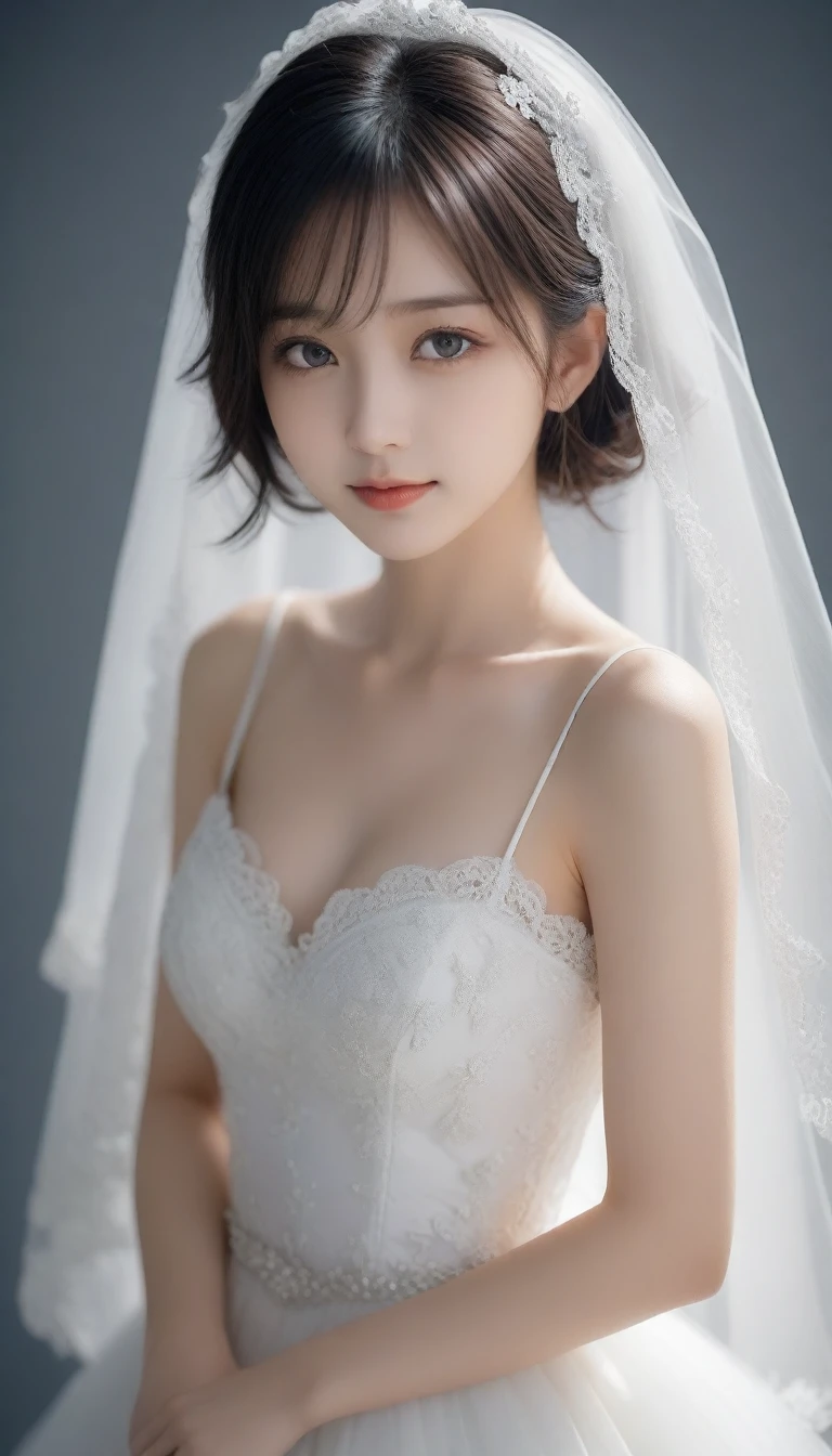 8k, Ultra-high resolution, Highest quality, masterpiece, 三分割法によるphotograph,Surreal, photograph, 1 Girl, (:1.3), pretty girl, Cute Face, Beautiful eyes in every detail, 細かくdetailedに,masterpiece,One Girl:1.2,Japan Female Teachers,extream close up,sad,light smile,Black short hair,Bob with bangs,(印象派の美しい少女のPortraiture),(Impressionist light and colour), (Gray background:1.3),(White Wedding Dress:1.3),(Fairy, bride, Shiny Hair, Beautiful dark eyes, So cute and beautiful,16 years old0.8),Sharp contours,Looking down, (Wedding Veil,White lace), Light from above, (Side view),, Perfect and beautiful face ,完璧でCute Face, Skin with attention to detail, Perfect limbs、Narrow waist,Looking at the audience,(((Ideal body type))),A cup small breasts :2,Portraiture:2,Perfect Anatomy,鮮明なdetailed,detailed,Surreal,Light and shadow,glowing