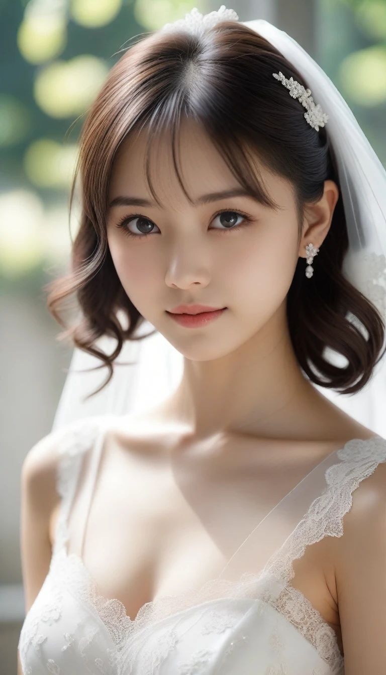 8k, Ultra-high resolution, Highest quality, masterpiece, 三分割法によるphotograph,Surreal, photograph, 1 Girl, (:1.3), pretty girl, Cute Face, Beautiful eyes in every detail, 細かくdetailedに,masterpiece,One Girl:1.2,Japan Female Teachers,extream close up,sad,light smile,Black short hair,Bob with bangs,(印象派の美しい少女のPortraiture),(Impressionist light and colour), (Gray background:1.3),(White Wedding Dress:1.3),(Fairy, bride, Shiny Hair, Beautiful dark eyes, So cute and beautiful,16 years old0.8),Sharp contours,Looking down, (Wedding Veil,White lace), Light from above, (Side view),, Perfect and beautiful face ,完璧でCute Face, Skin with attention to detail, Perfect limbs、Narrow waist,Looking at the audience,(((Ideal body type))),A cup small breasts :2,Portraiture:2,Perfect Anatomy,鮮明なdetailed,detailed,Surreal,Light and shadow,glowing