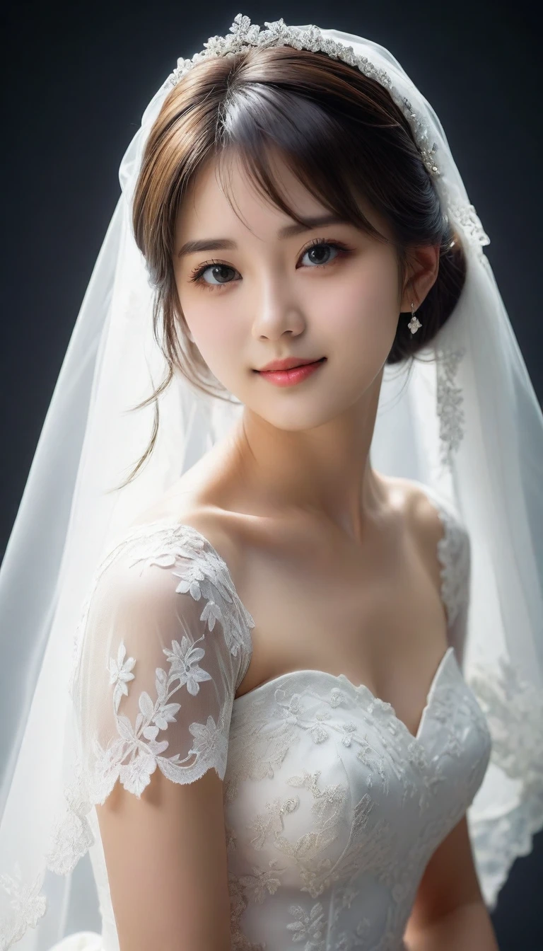 8k, Ultra-high resolution, Highest quality, masterpiece, 三分割法によるphotograph,Surreal, photograph, 1 Girl, (:1.3), pretty girl, Cute Face, Beautiful eyes in every detail, 細かくdetailedに,masterpiece,One Girl:1.2,Japan Female Teachers,extream close up,sad,light smile,Black short hair,Bob with bangs,(印象派の美しい少女のPortraiture),(Impressionist light and colour), (Gray background:1.3),(White Wedding Dress:1.3),(Fairy, bride, Shiny Hair, Beautiful dark eyes, So cute and beautiful,16 years old0.8),Sharp contours,Looking down, (Wedding Veil,White lace), Light from above, (Side view),, Perfect and beautiful face ,完璧でCute Face, Skin with attention to detail, Perfect limbs、Narrow waist,Looking at the audience,(((Ideal body type))),A cup small breasts :2,Portraiture:2,Perfect Anatomy,鮮明なdetailed,detailed,Surreal,Light and shadow,glowing