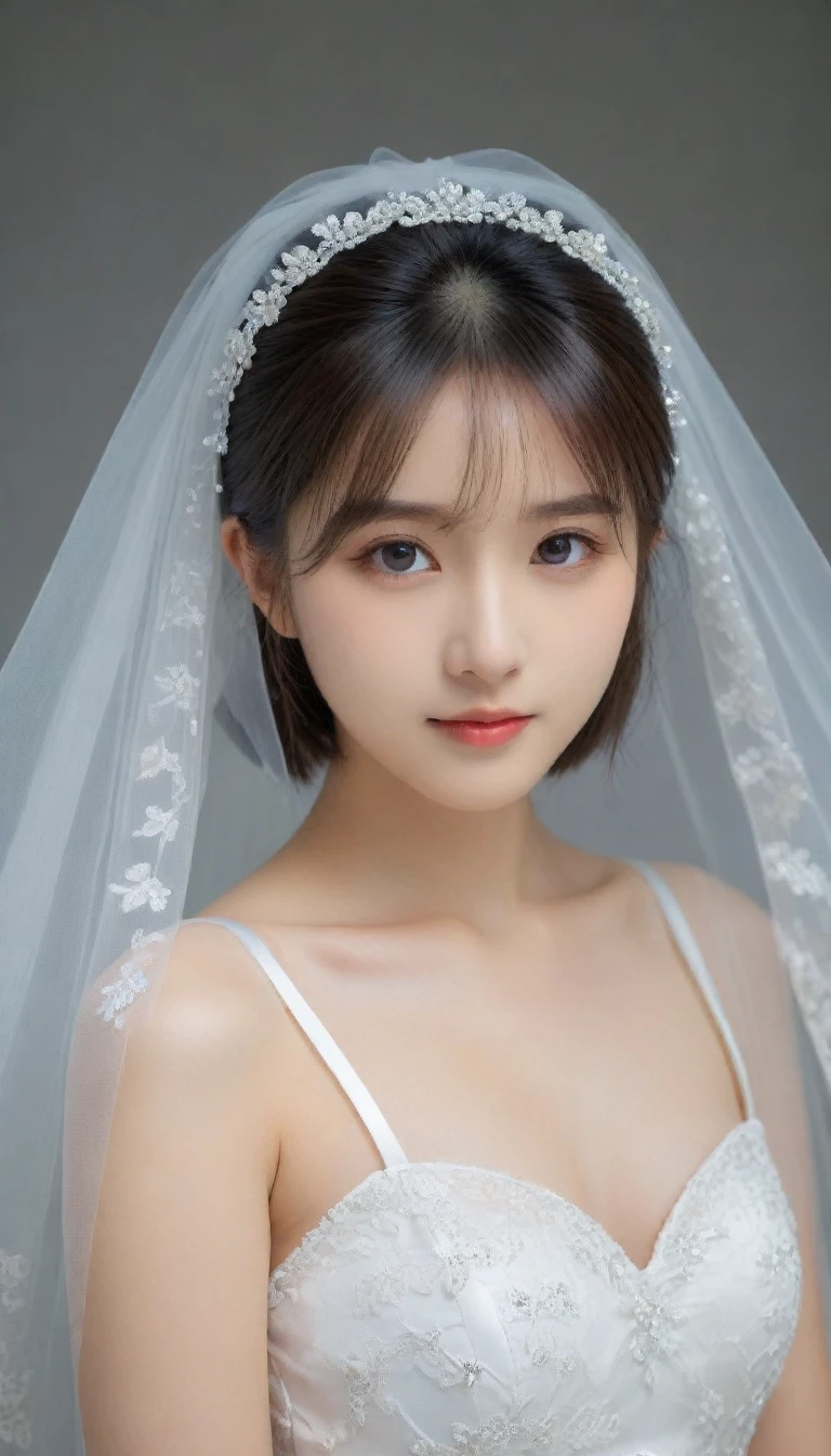 8k, Ultra-high resolution, Highest quality, masterpiece, 三分割法によるphotograph,Surreal, photograph, 1 Girl, (16 years old:1.3), pretty girl, Cute Face, Beautiful eyes in every detail, 細かくdetailedに,masterpiece,One Girl:1.2,Japan Female Teachers,extream close up,sad,light smile,Black short hair,Bob with bangs,(印象派の美しい少女のPortraiture),(Impressionist light and colour), (Gray background:1.3),(White Wedding Dress:1.3),(Fairy, bride, Shiny Hair, Beautiful dark eyes, So cute and beautiful,16 years old, ), (smile:0.8),Sharp contours,Looking down, (Wedding Veil,White lace), Light from above, (Side view),, Perfect and beautiful face ,完璧でCute Face, Skin with attention to detail, Perfect limbs、Narrow waist,Looking at the audience,(((Ideal body type))),A cup small breasts :2,Portraiture:2,Perfect Anatomy,鮮明なdetailed,detailed,Surreal,Light and shadow,glowing
